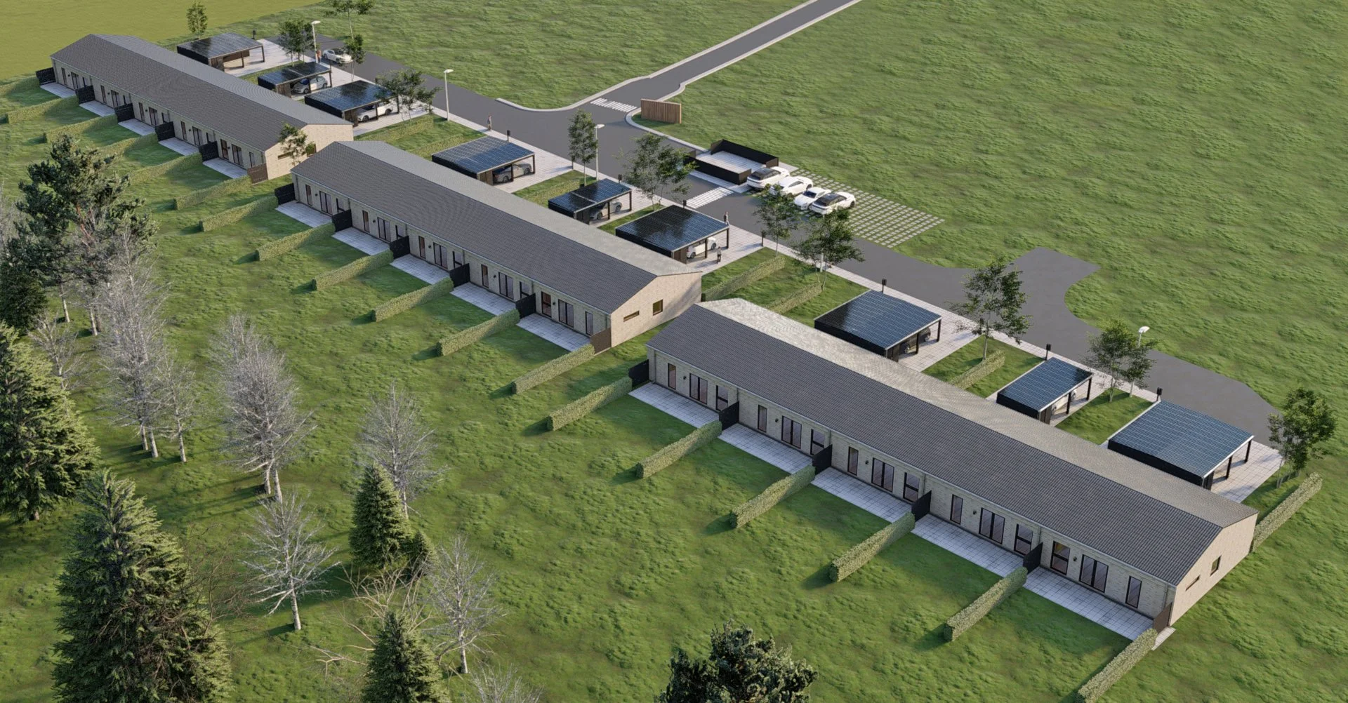 Aerial view af moderne rækkehuse med solcelletag på en grøn baggrund.