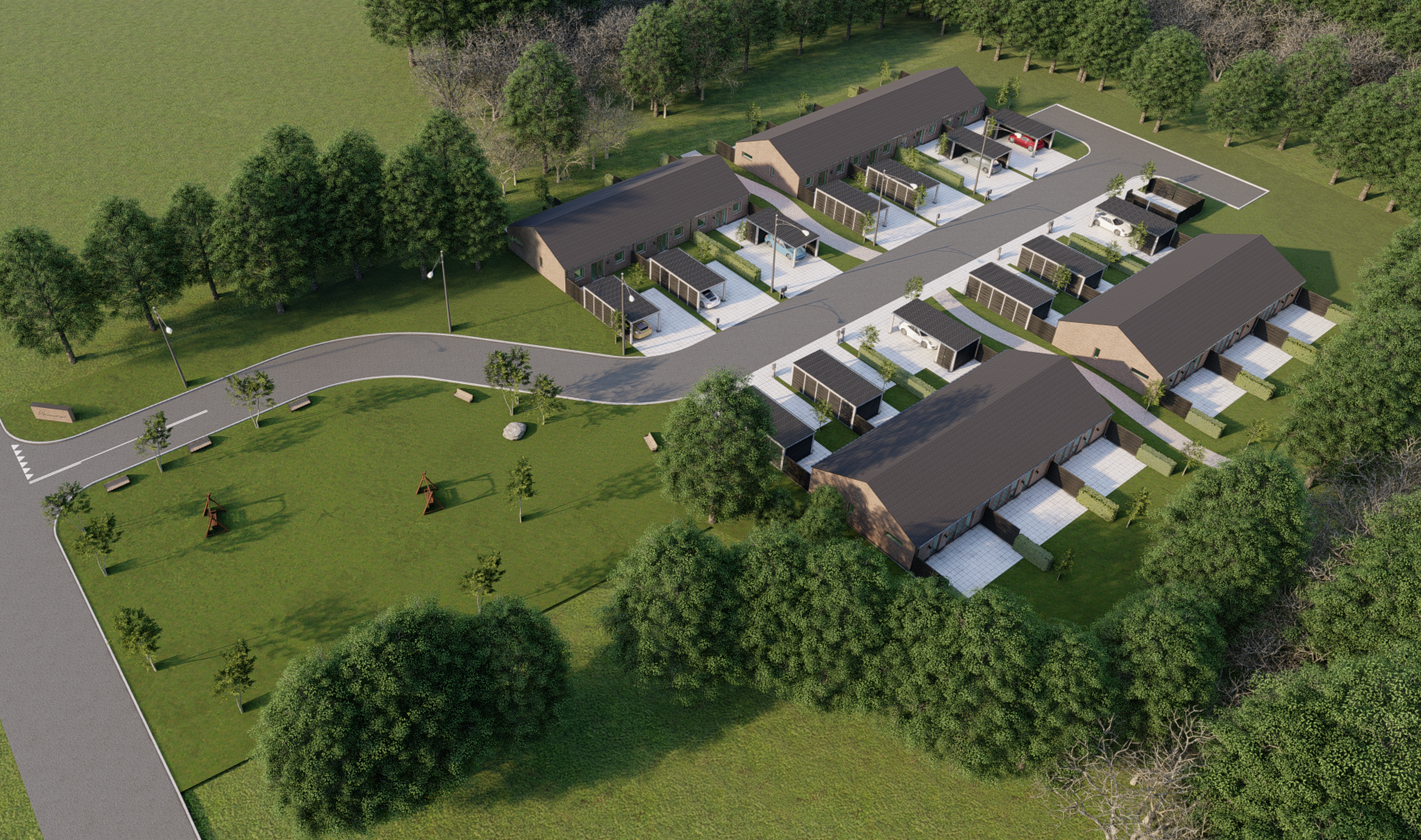 Oversigt over et boligområde med rækkehuse, grønne områder, veje, siddepladser og legeplads.