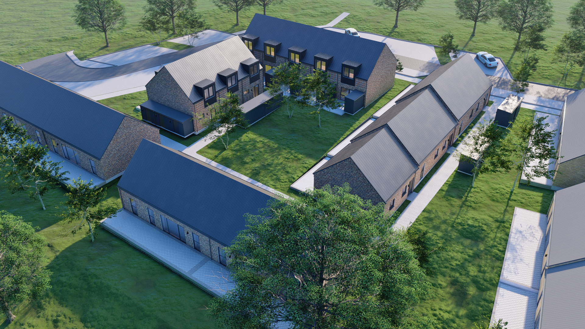 3D schematic af boligområde med 8 moderne huse, grønne fællesarealer, træer, stier og parkeringsplads