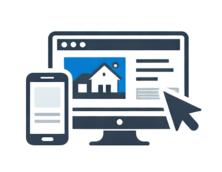 Digitalt billede af en computer og en smartphone, hvor computerens skærm viser en husikon og en internetbrowser.