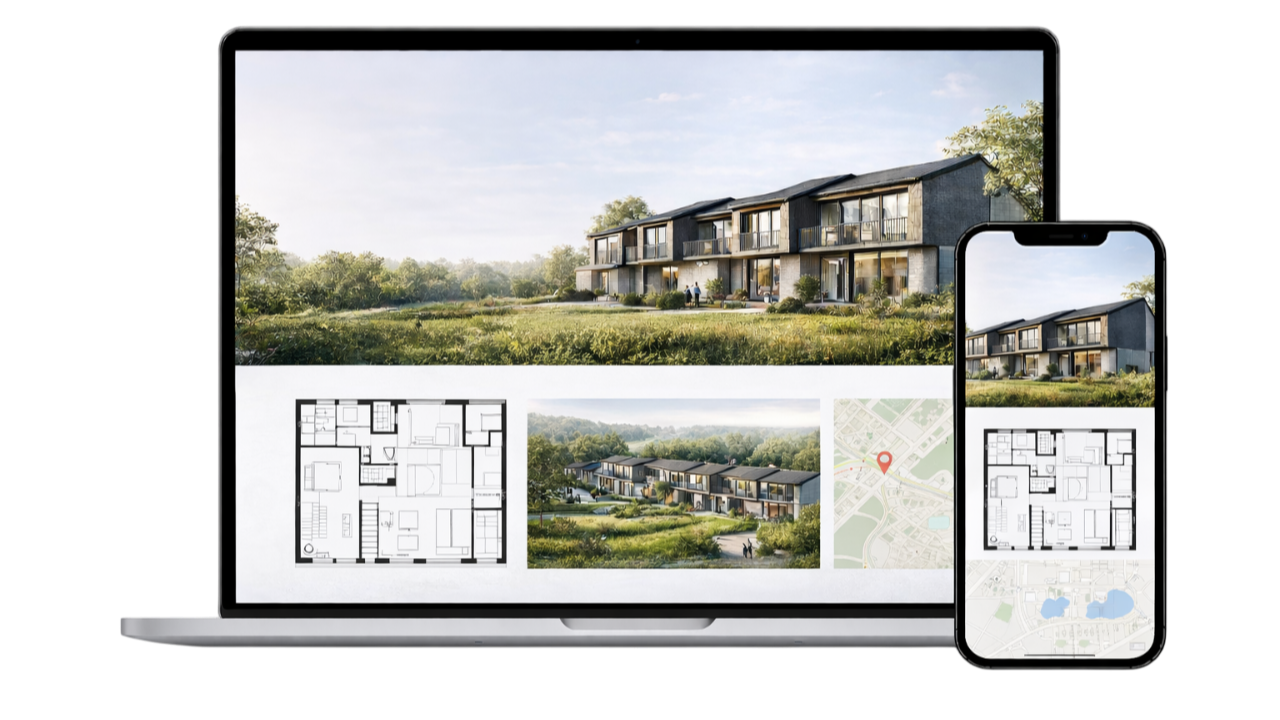 Billedet viser en computerskærm og en smartphone med billeder af en boligudvikling, herunder et moderne rækkehuse med grønne omgivelser, plantegninger og et kort.