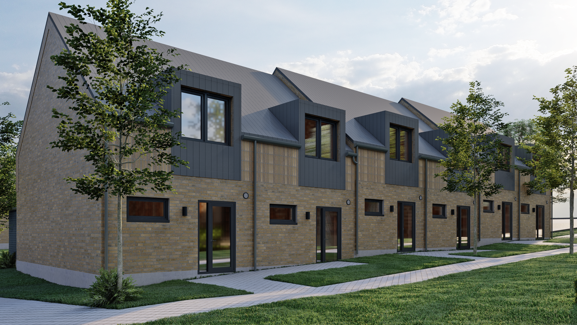 Nybygget rækkehus med tre etager, store vinduer, græsplæne og træer foran.