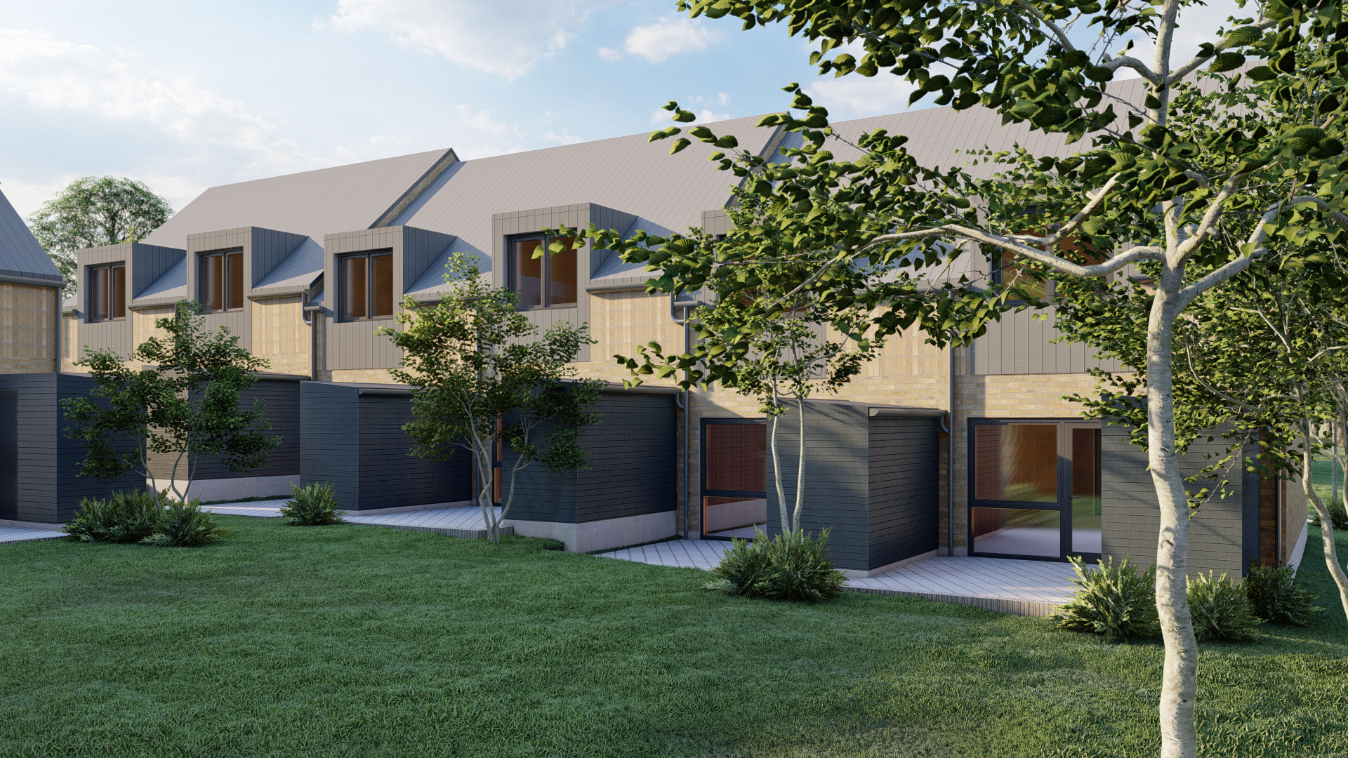 Billede af moderne rækkehuse med store vinduer, omgivet af grønne træer og græs, under en klar blå himmel.