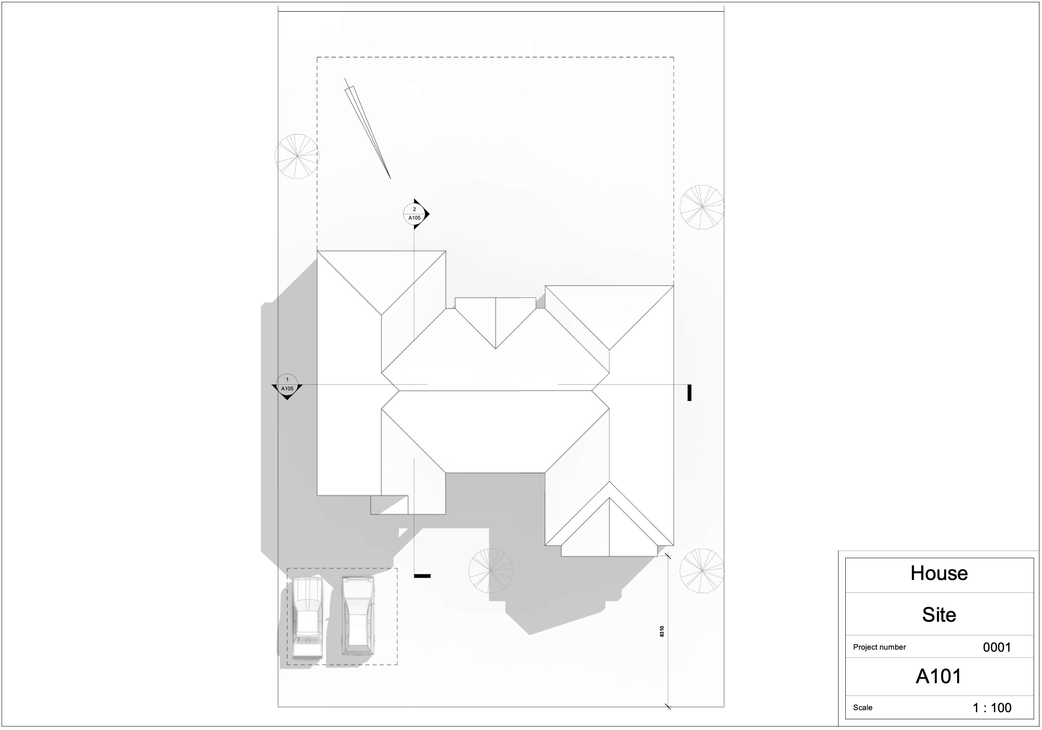 Tegning af et hus set ovenfra med tag, indkørsel med to biler, træer og målepunkter. Nederst til højre er en boks med tekst 'House', 'Site', projekt nummer '0001', kode 'A101' og scale 1:100.