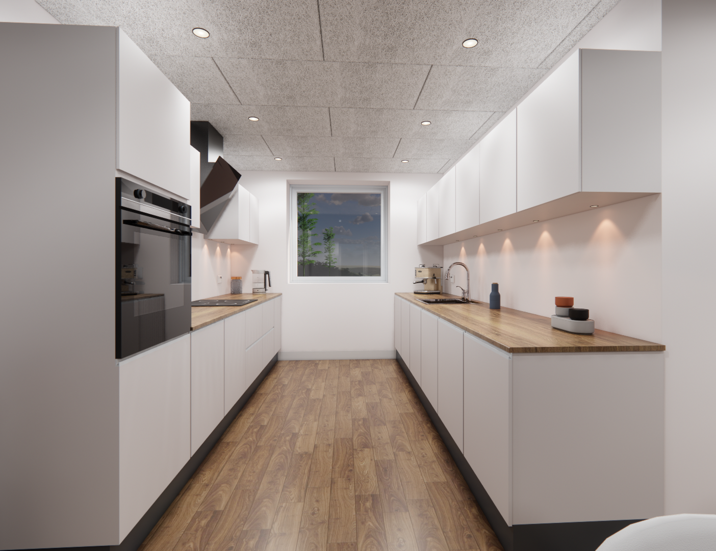 Køkken med hvide skabe, træbordplader, ovn, komfur, vask, vindue med udsigt til træer og sky, loft med indbyggede lys