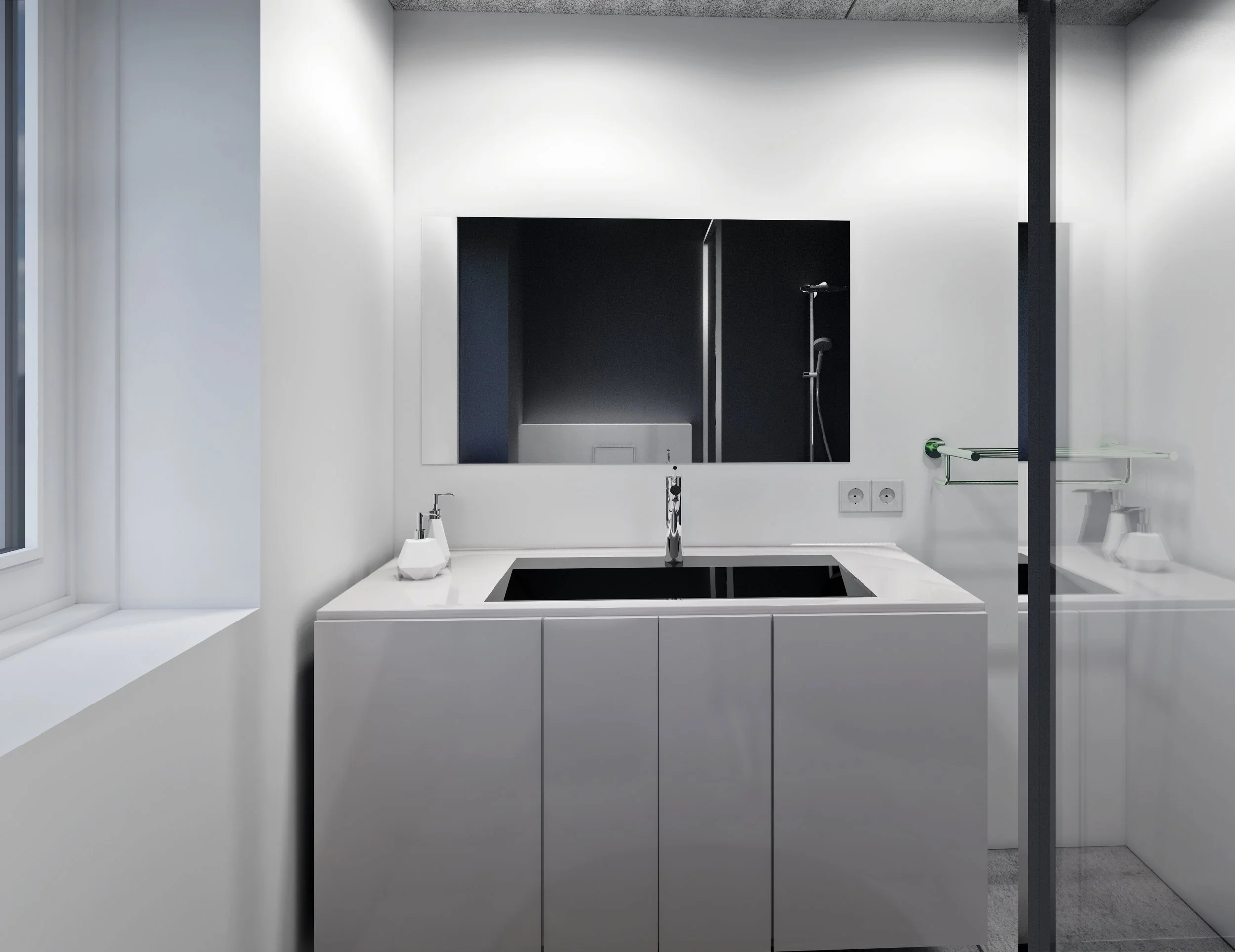 Moderne badeværelse med hvid vask, spejl og bruseniche