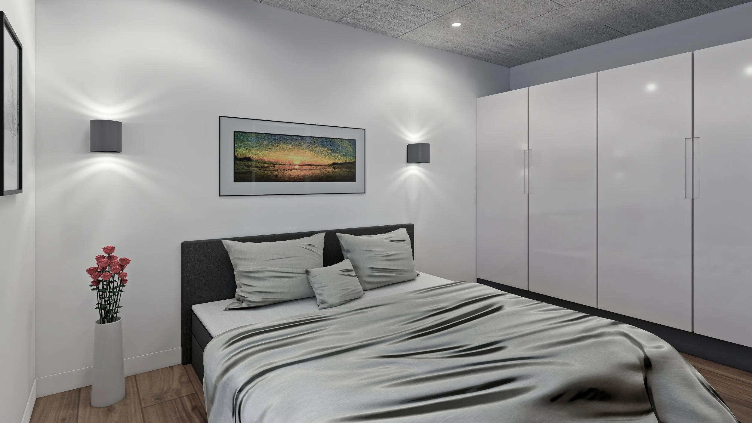 Et moderne soveværelse med hvidt værelse og grønne, hvide og sorte nuancer. Der er to væglamper, et maleri over sengen, en seng med puder og sengelinned, en stor hvid skab, og en hvid vase med blomster.