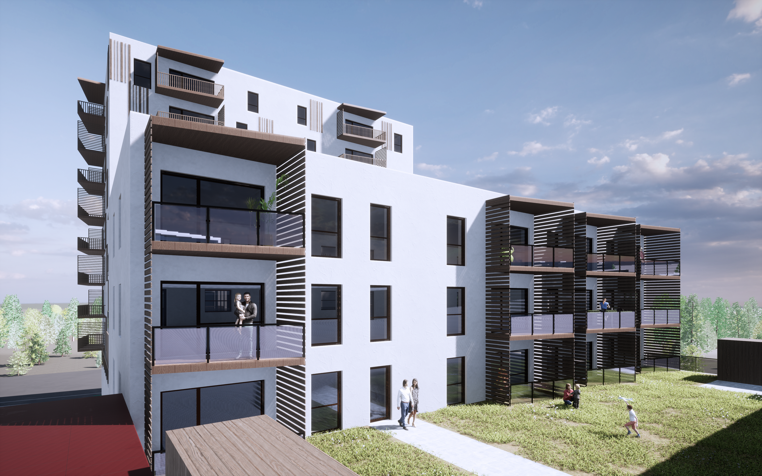 Moderne fleretagersejendom med udendørs balkoner, grønne områder og personer, der nyder området