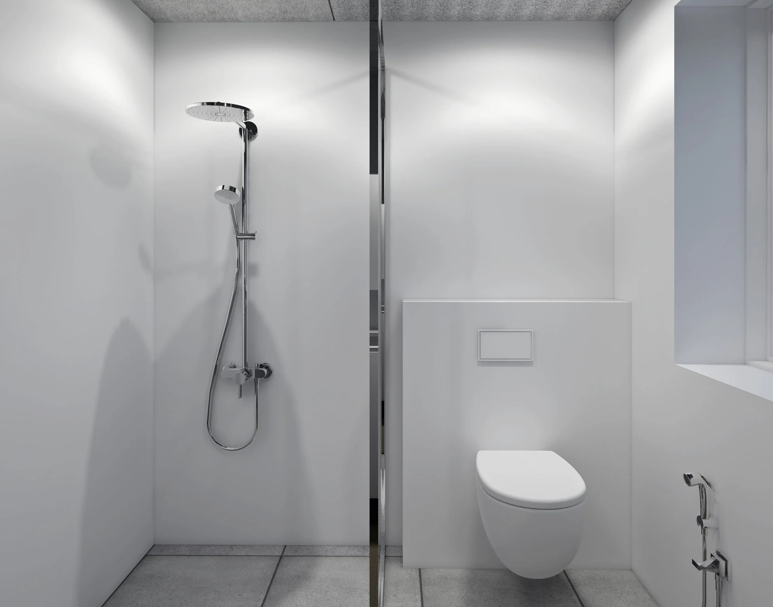 Delt opdeling af et moderne badeværelse med bruseniche til venstre og toilet til højre, begge med hvide vægge og gulv, minimalistisk design.