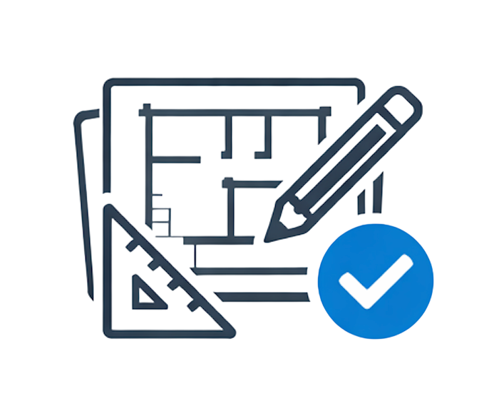 Grafik med skitse af en computerskærm, tegnepen, lineal og en tjekmarkering