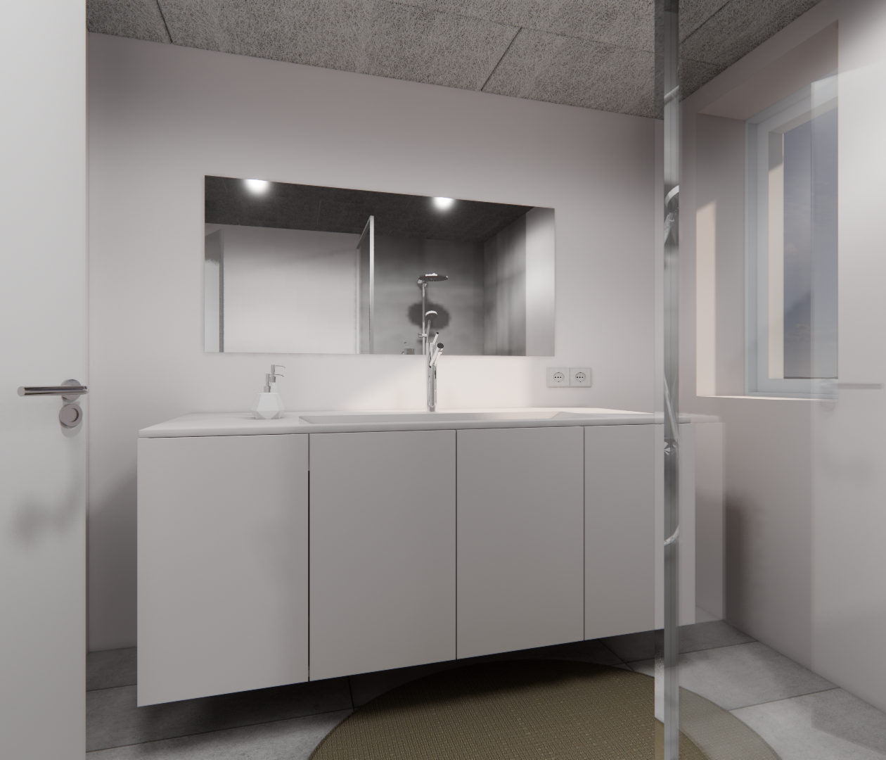 Moderne badeværelse med hvid vaskeindretning, spejl og vindue