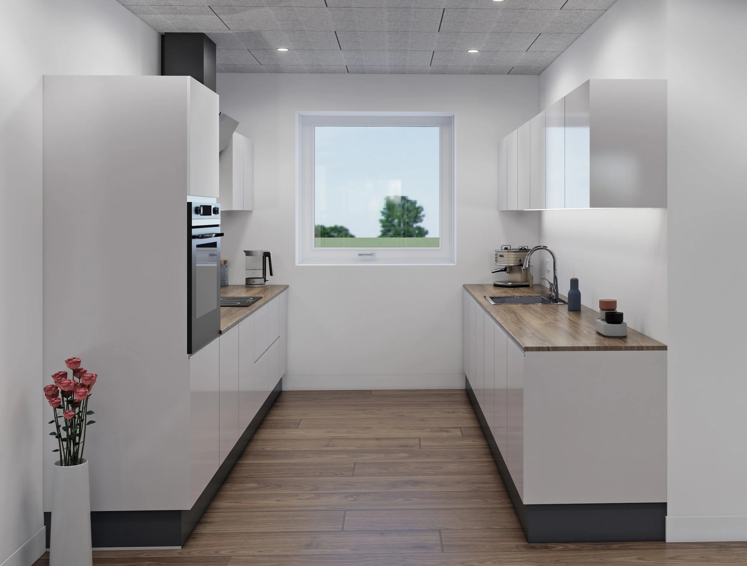 Et moderne, minimalistisk køkken med hvide skabe, træbordplader og en stor vindue med udsigt til grønne træer.