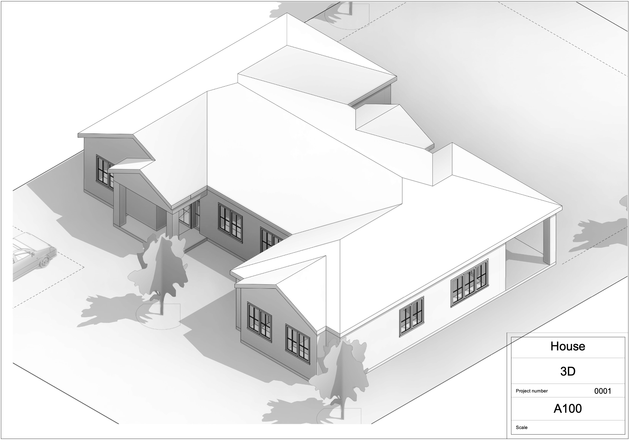 3D model af et hus med flere tagvinkler, vinduer og porche, omgivet af træer og en bil på parkeringspladsen.