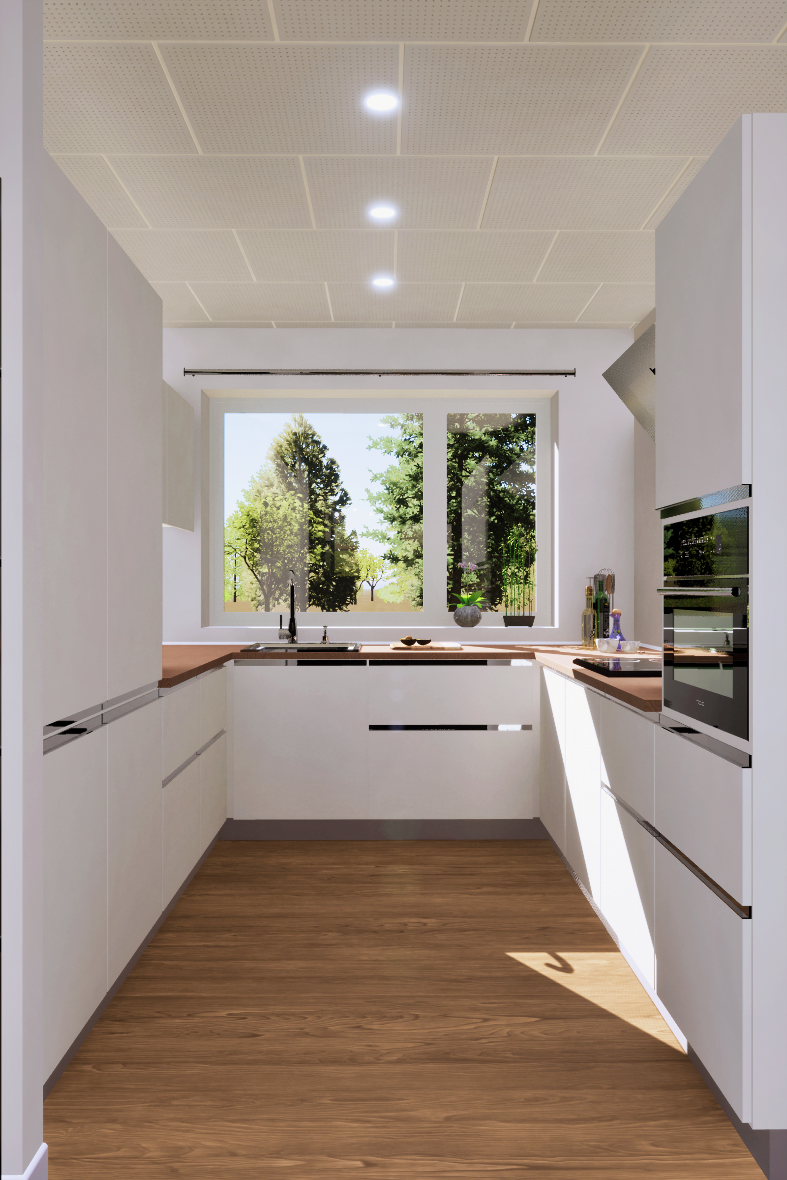 Moderne køkken med hvide skabe, træbordplade og stor vindue med udsigt til grønne træer.