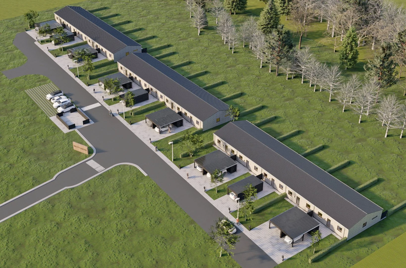 Luftfoto af en nyudviklet boligkvarter med rækkehuslejligheder, motorvejsudkørsel, parkeringspladser og grønne områder med træer.