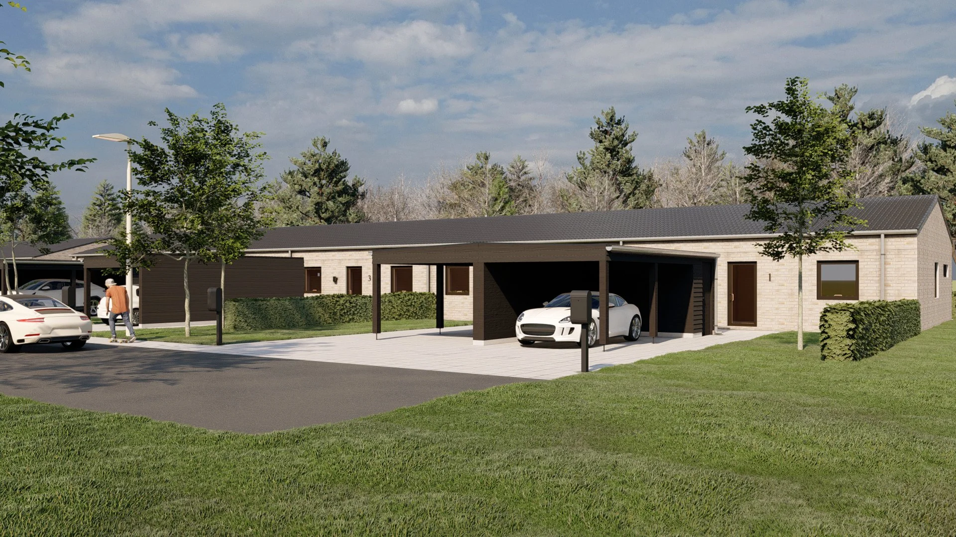 Et moderne boligområde med enkeltvogne, grønne græsplæner og biler parkeret under carporte. Der er flere træer og en person går på det asfalterede område.