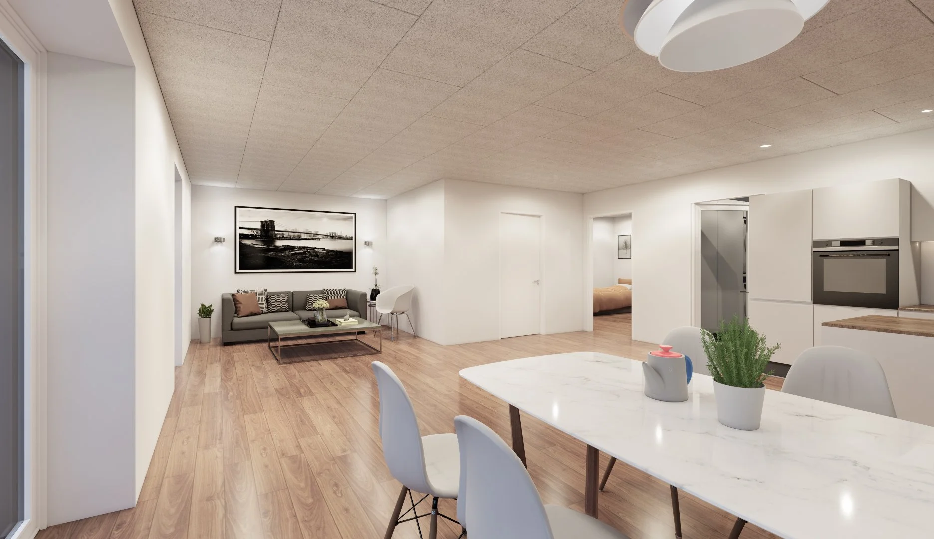 Moderne, lys stue med spiseområde, køkken og soveværelse synligt i baggrunden, træbord med hvide stole, minimalistisk indretning.