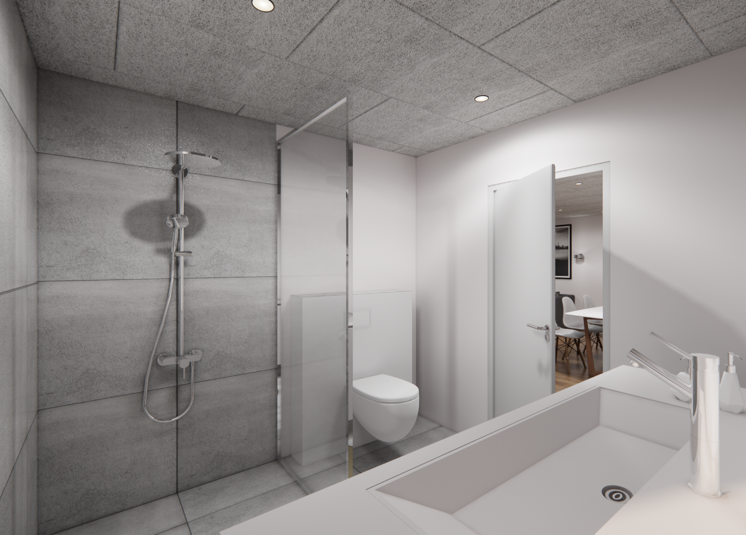 Moderne badeværelse med bruser med gråt fliseværelse, hvid toilet og vask med armatur i diskret design. Der er en dør, som fører ind til et rum med spisebord og stole.