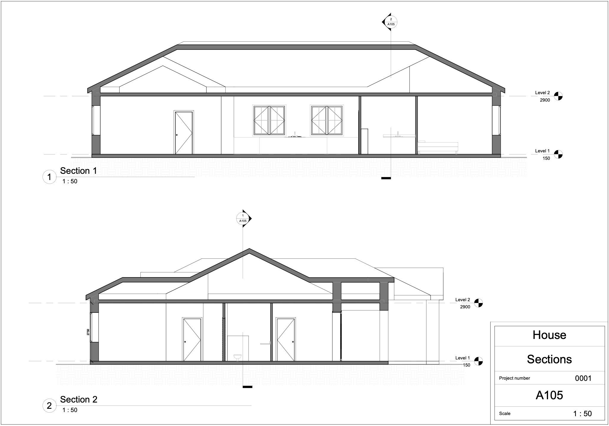 Skitsetegning af et hus med to skæringssnit, der viser husets indretning og strukturelle detaljer, inklusive vægge, vinduer, tag og indendørs installationer.