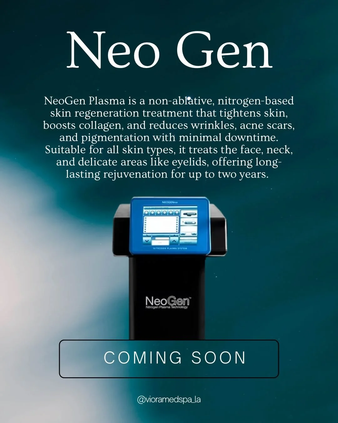 NeoGen Plasma Laser ✨

Experience advanced nitrogen plasma technology that resurfaces, tightens, and rejuvenates the skin &mdash; without creating an open wound.

NeoGen stimulates collagen and elastin to improve:
✔ Skin texture
✔ Firmness
✔ Fine lin