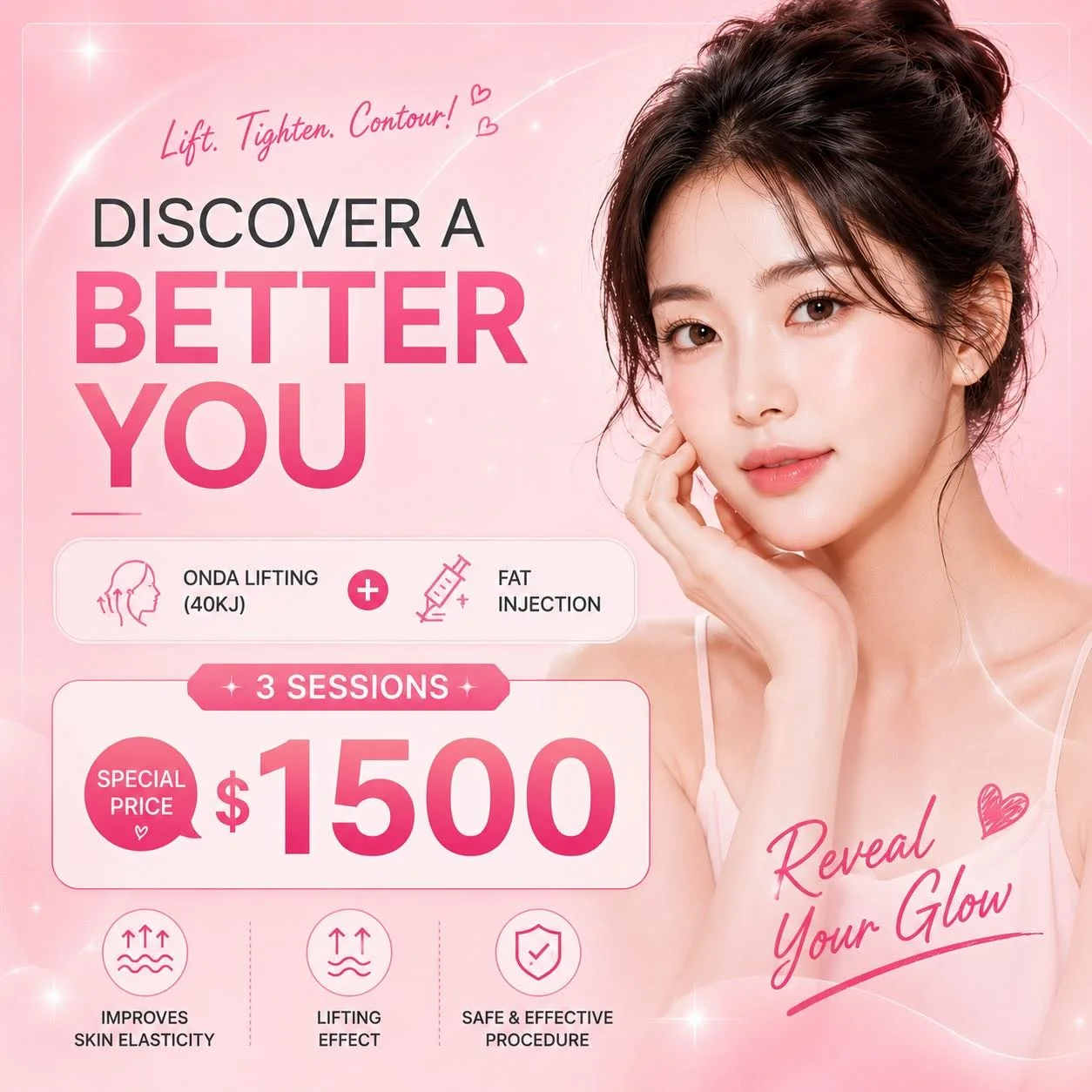 ✨ Onda  Lifting 
Lift, tighten &amp; contour 💖
Special promo available now!

탄력 + 리프팅 + 윤곽케어 한번에 💖
지금 스페셜 프로모션 진행중!

DM us 💌