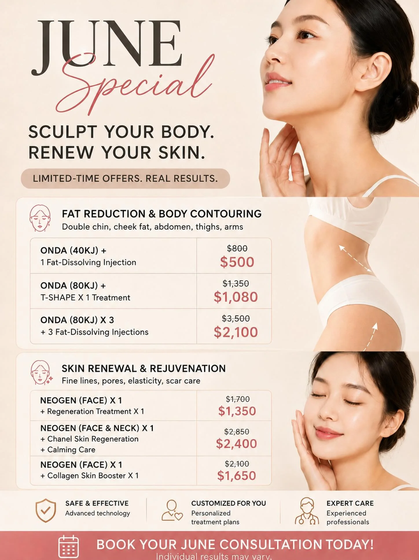 ✨ June Beauty Specials are here ✨

From body contouring to skin renewal, our limited-time June specials are designed to help you feel more confident in your skin.

Target stubborn areas like the double chin, cheek fat, abdomen, thighs, and arms &mdas