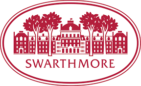 A red and white logo featuring a historic building, trees, and the words 'Swarthmore'.