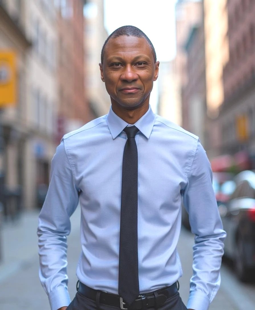 A man in a light blue dress shirt and black tie standing outdoors on a city street during daytime.