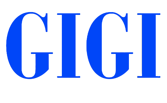 Das Bild zeigt das Logo der Modemarke Gigi Hadid mit blauer Schrift auf schwarzem Hintergrund.