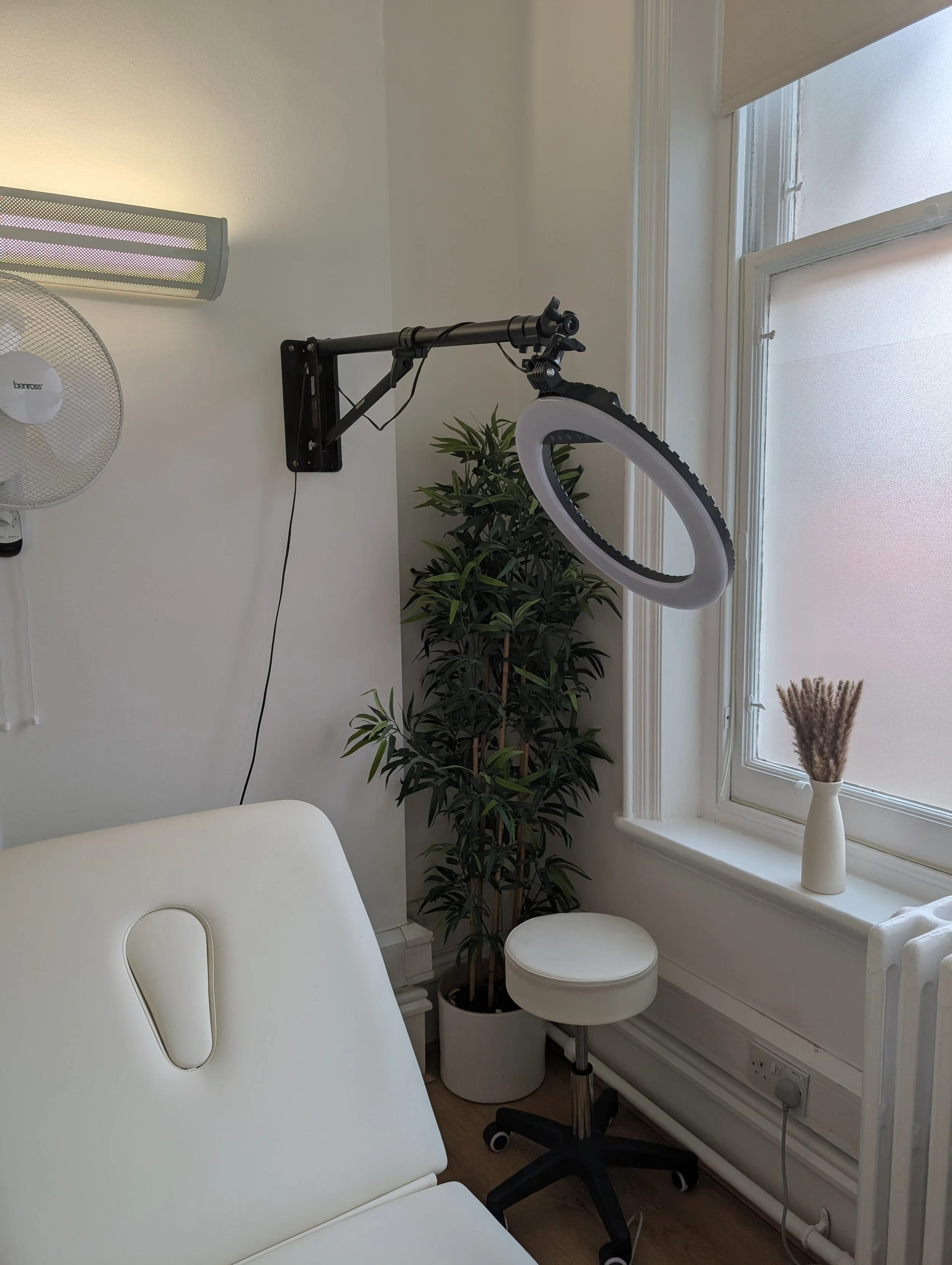 Interior of a room with a white medical examination table, a standing fan, a wall-mounted flexible arm with a ring light, a potted plant, a window with frosted glass, and a small vase with dried flowers on the windowsill.