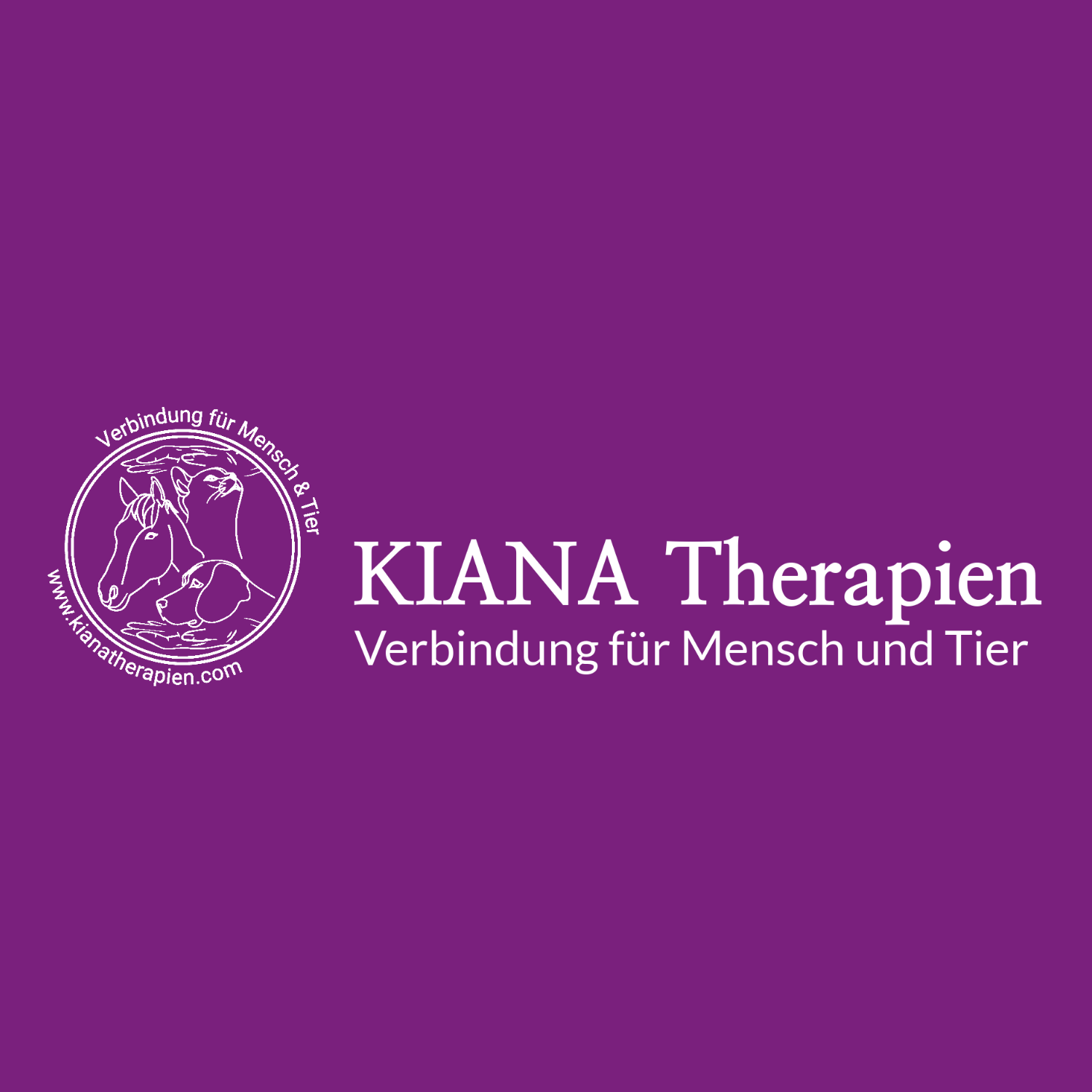 Logo und Text auf einem lila Hintergrund, promoting KIANA Therapien, eine Verbindung zwischen Mensch und Tier, mit einer Webseite www.kianantherapien.com.