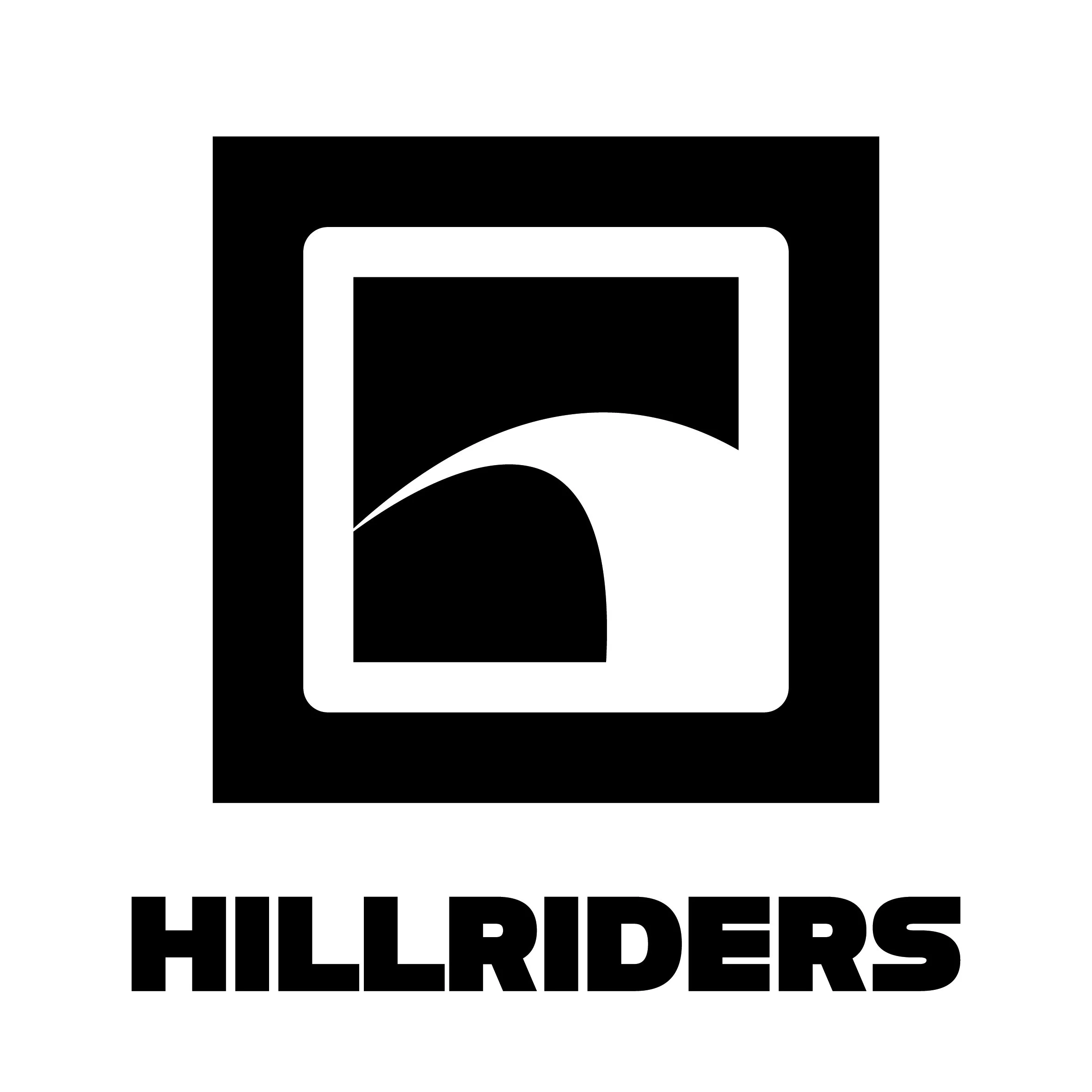 Schwarzes Logo mit weißen Rahmen, darin ein stilisiertes Bild eines Hochsitzes und der Schriftzug 'HILL RIDERS' unterhalb.