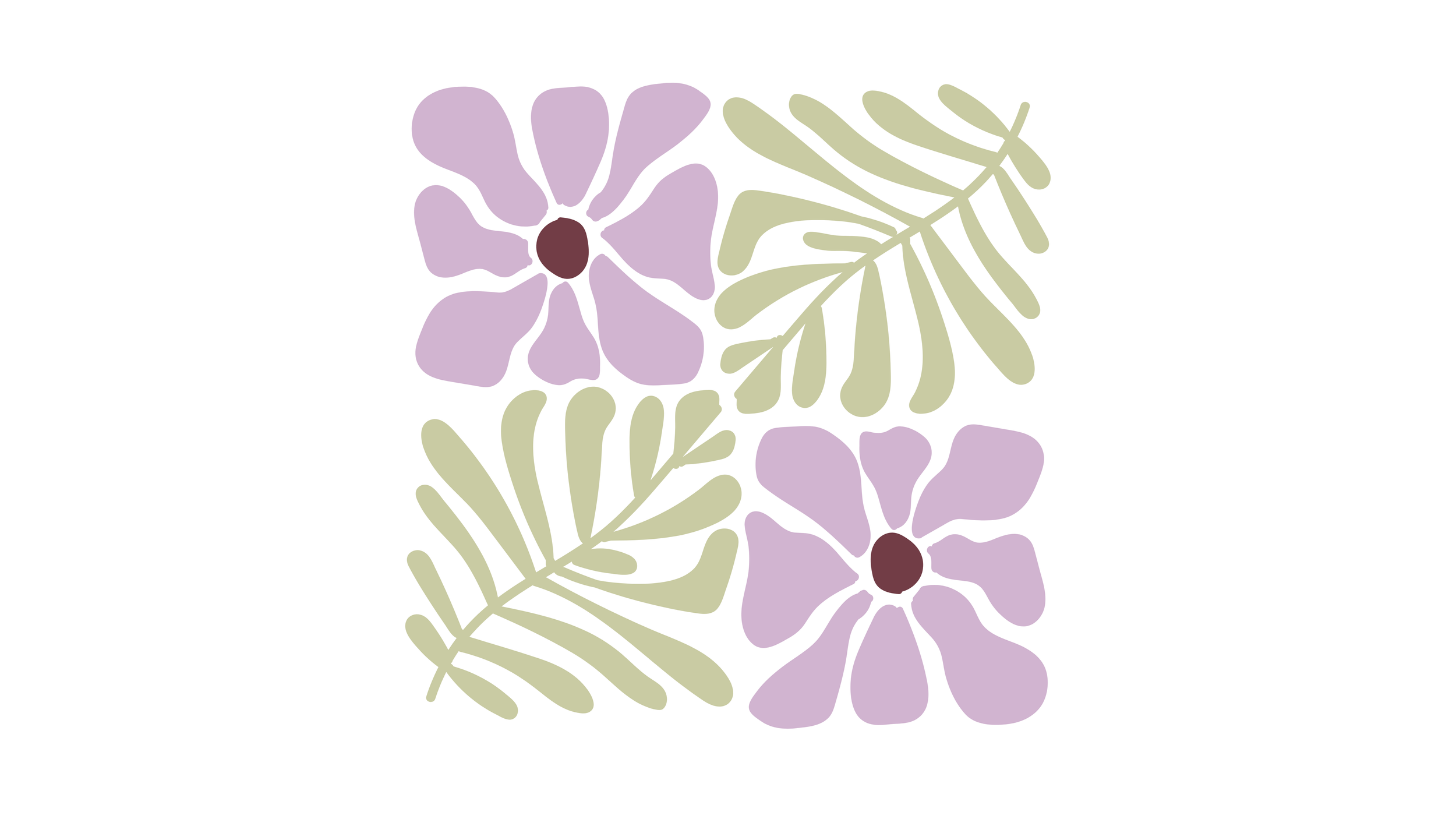 Grafische Illustration mit lila Blumen und grünen Blättern auf weißem Hintergrund.