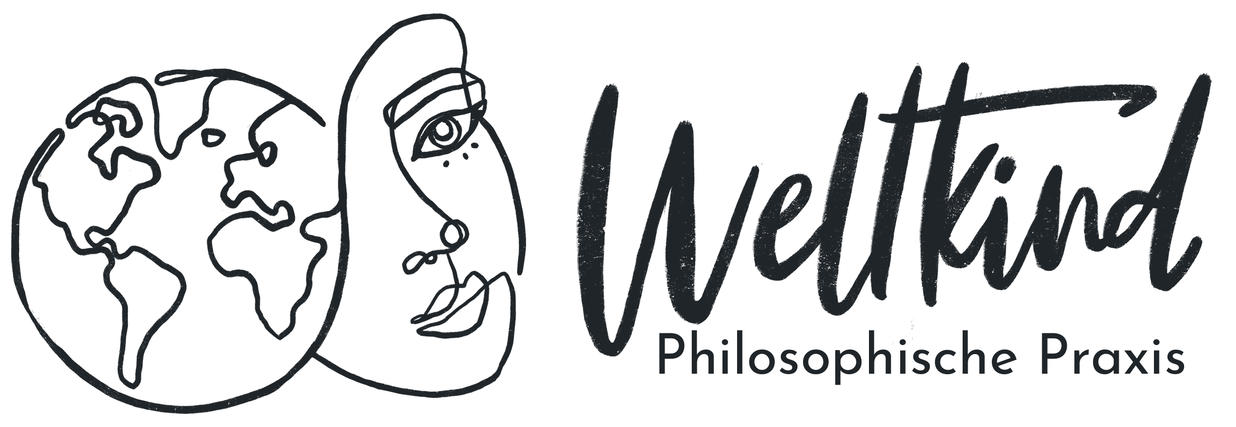 Ein handgezeichneter Globus mit einem menschlichen Kopf und einem Auge, daneben der Text 'WeltKind, Philosophische Praxis'.