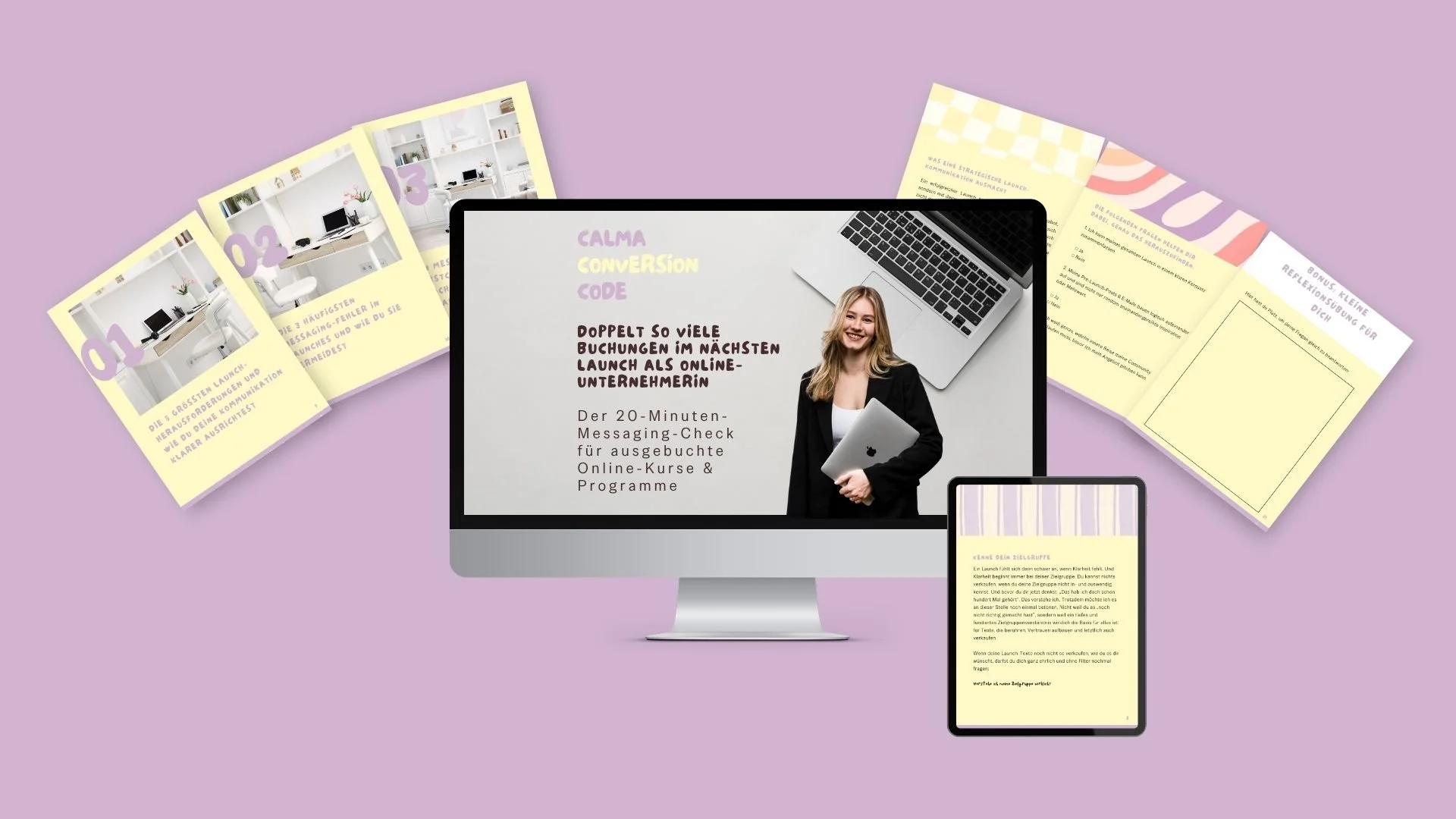 Grafik mit einem Computerbildschirm, Tablet und mehreren Infokarten auf lilafarbenem Hintergrund, Werbung für einen Online-Messaging-Kurs für Unternehmerinnen.