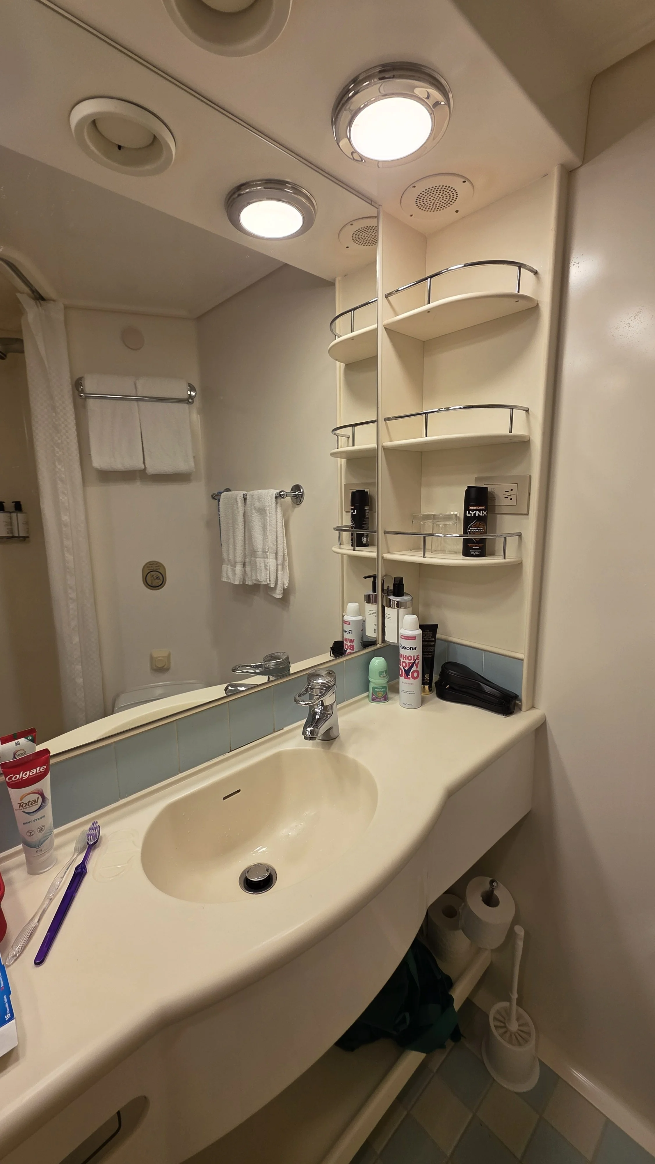 Small bathroom sink area with toiletries on the counter, a mirror, shelves with personal care products, and a towel rack with towels.