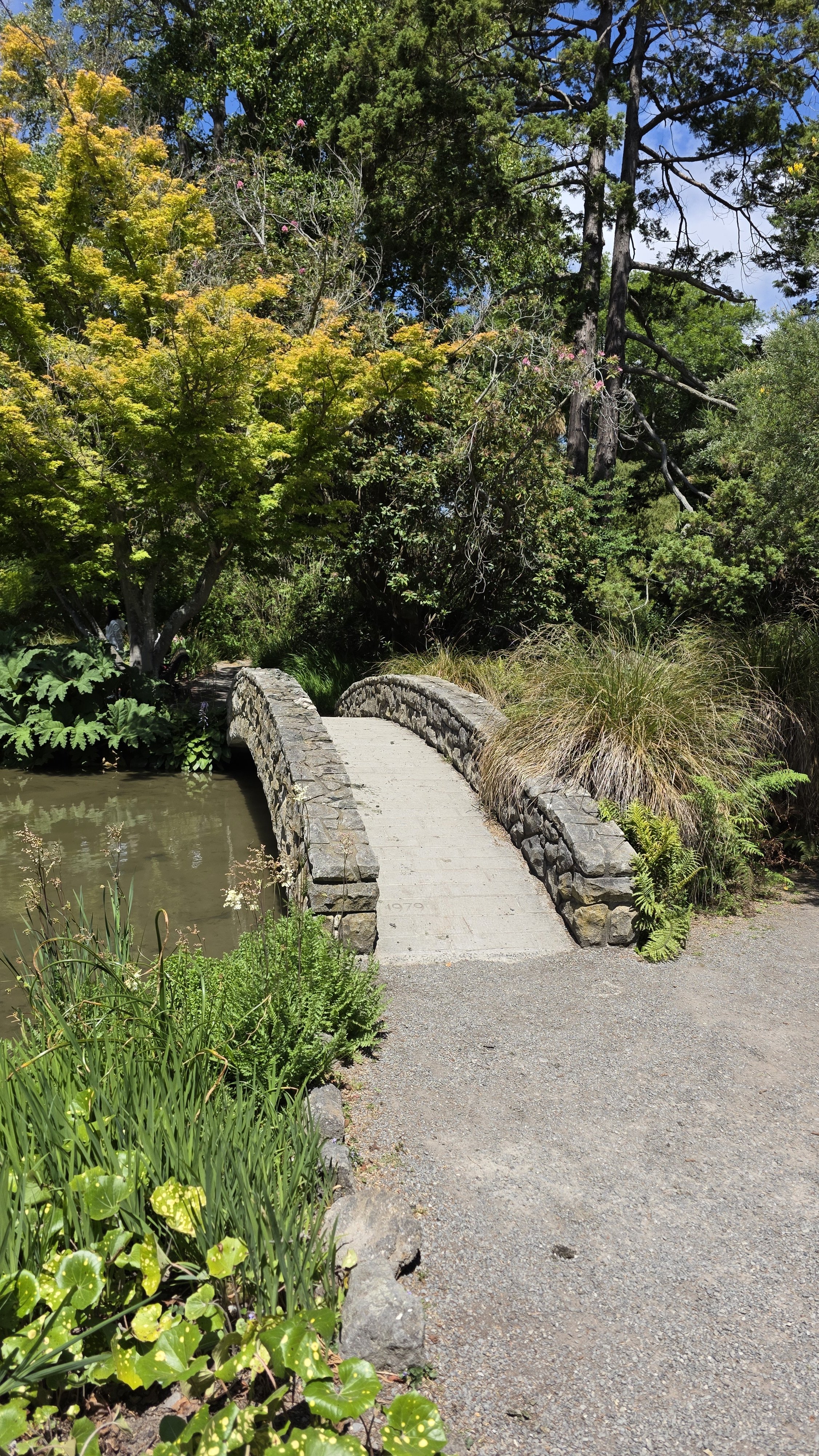 A small stone bridge over a creek with lush green trees and plants on a sunny day.