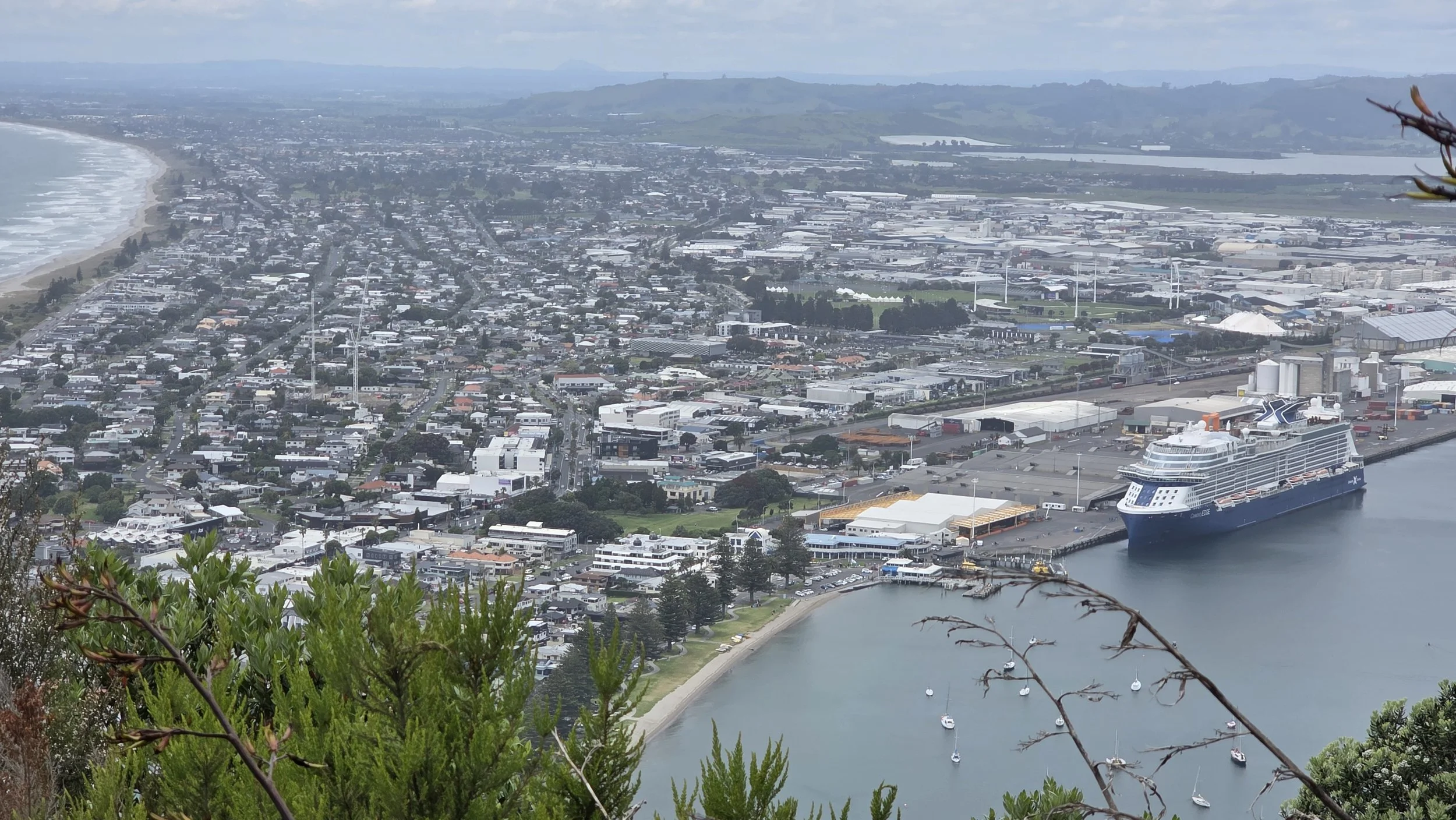 Aerial view of a coastal city with a cruise ship docked at the harbor, surrounded by urban buildings, roads, a beach on the left, and green hills in the background.