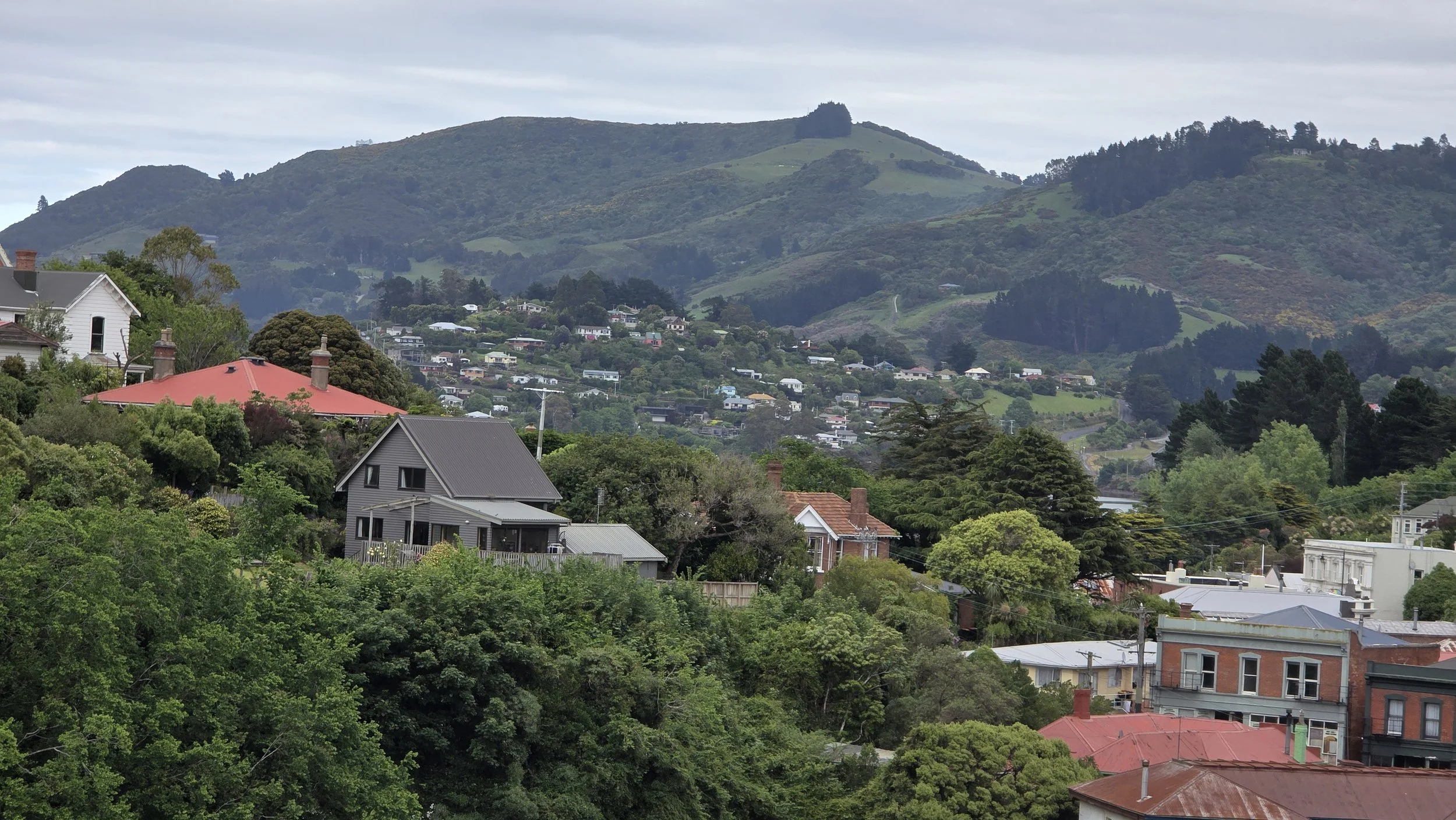 View of a hillside town with houses, trees, and green mountains in the background under a cloudy sky.