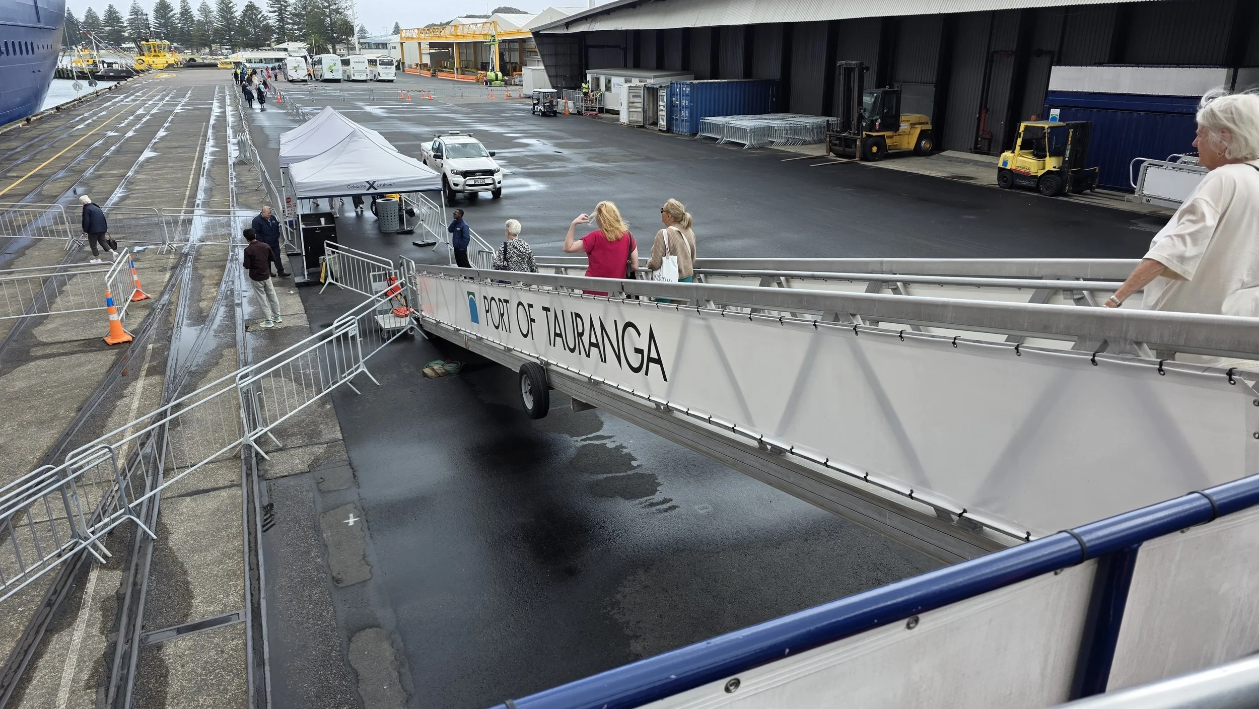 People disembarking from a cruise ship via port stairs at Port of Tauranga, with vehicles and temporary structures on the dock.