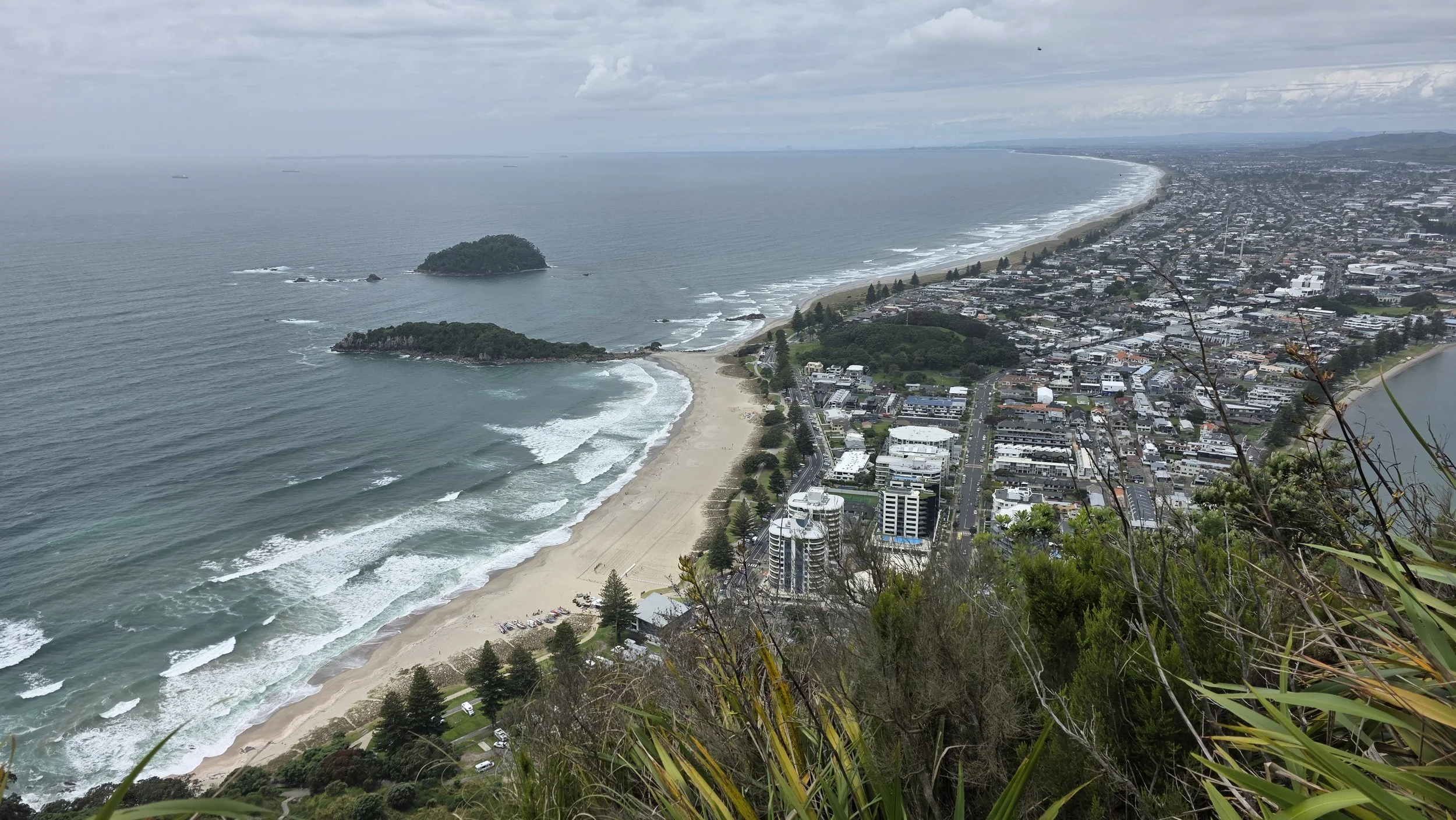 Aerial view of a coastal city with a sandy beach, ocean waves, and a small island off the coast, with buildings and streets extending inland.