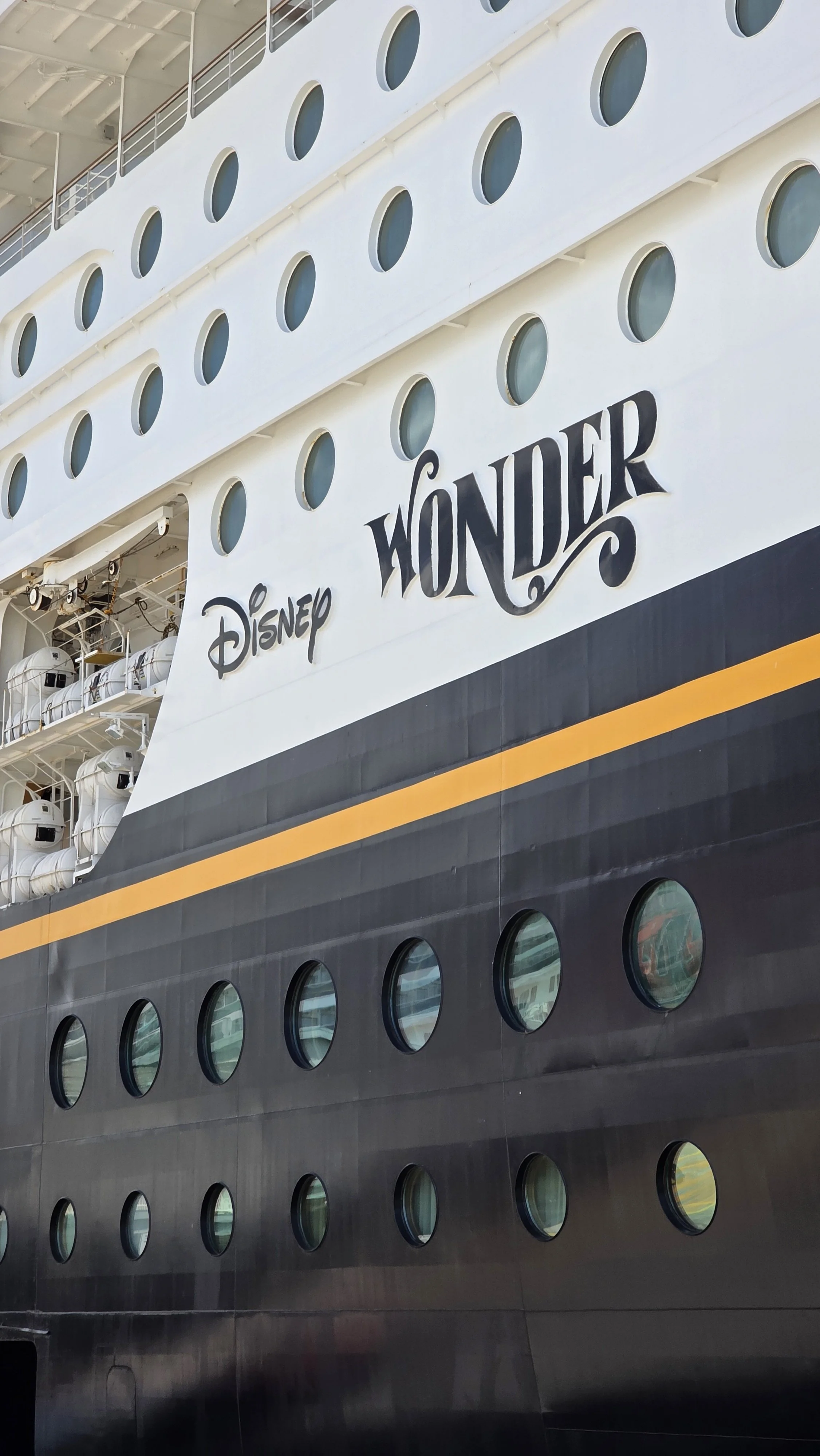 Close-up of the side of the Disney Wonder cruise ship, showing rows of round windows and the ship's name 'Disney Wonder' painted on the side.