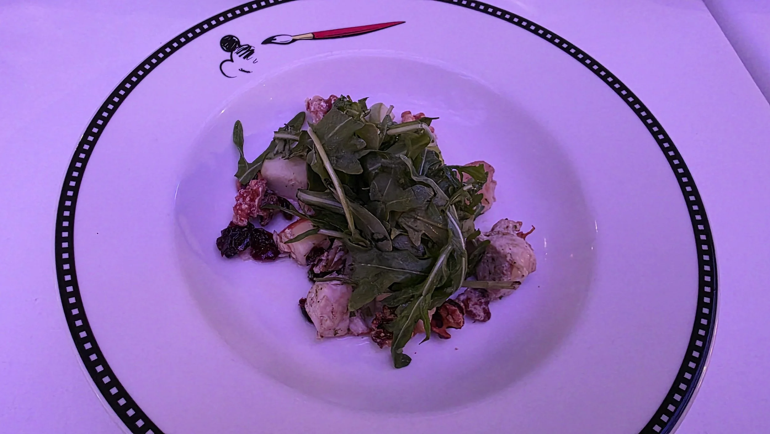 A white plate with black decorative border containing a salad with leafy greens, pieces of cooked chicken, and dried berries, under purple lighting.