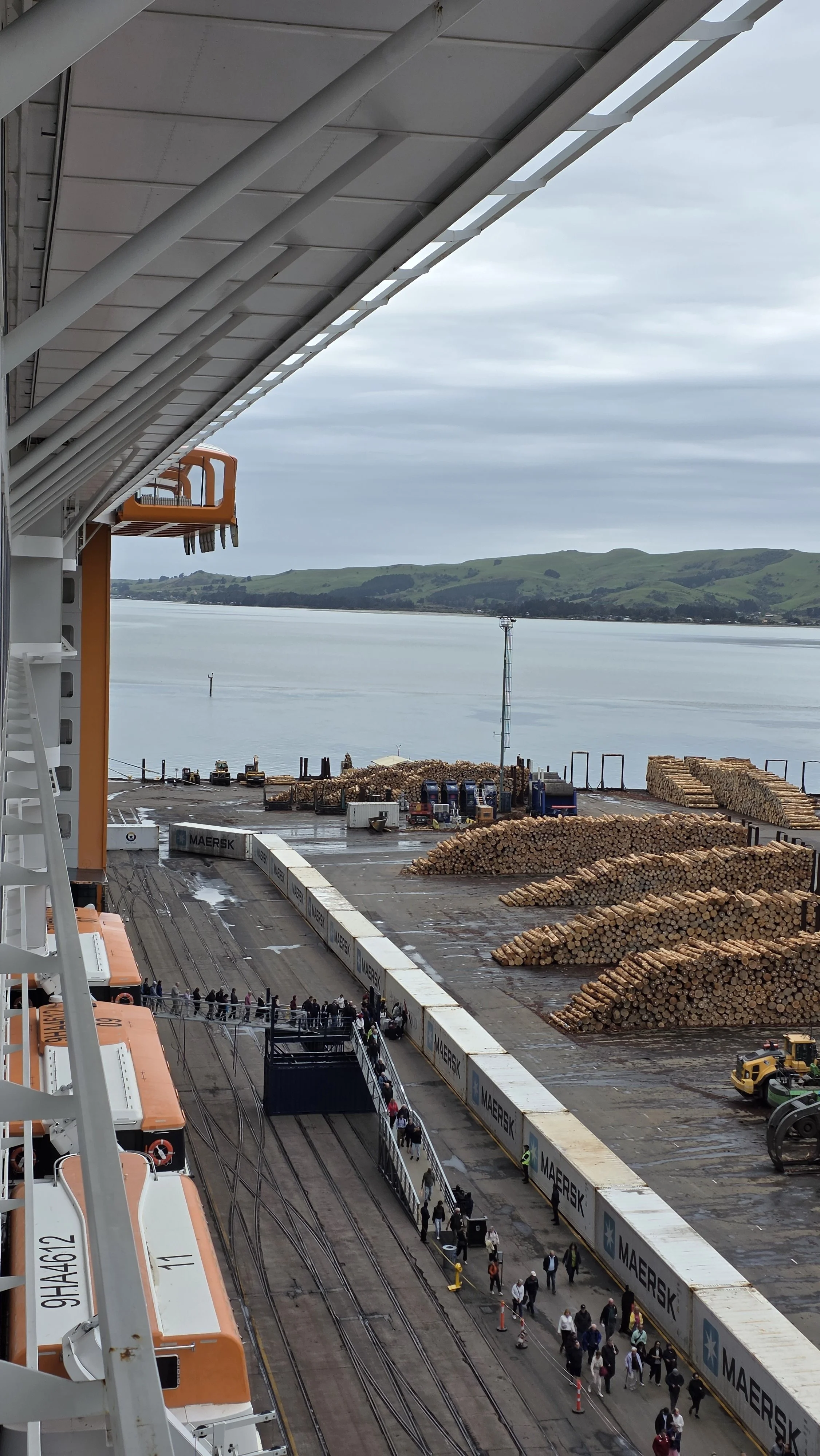 View of a port with stacks of logs, cargo containers, trains, and numerous passengers walking along a dock, with water and green hills in the background.