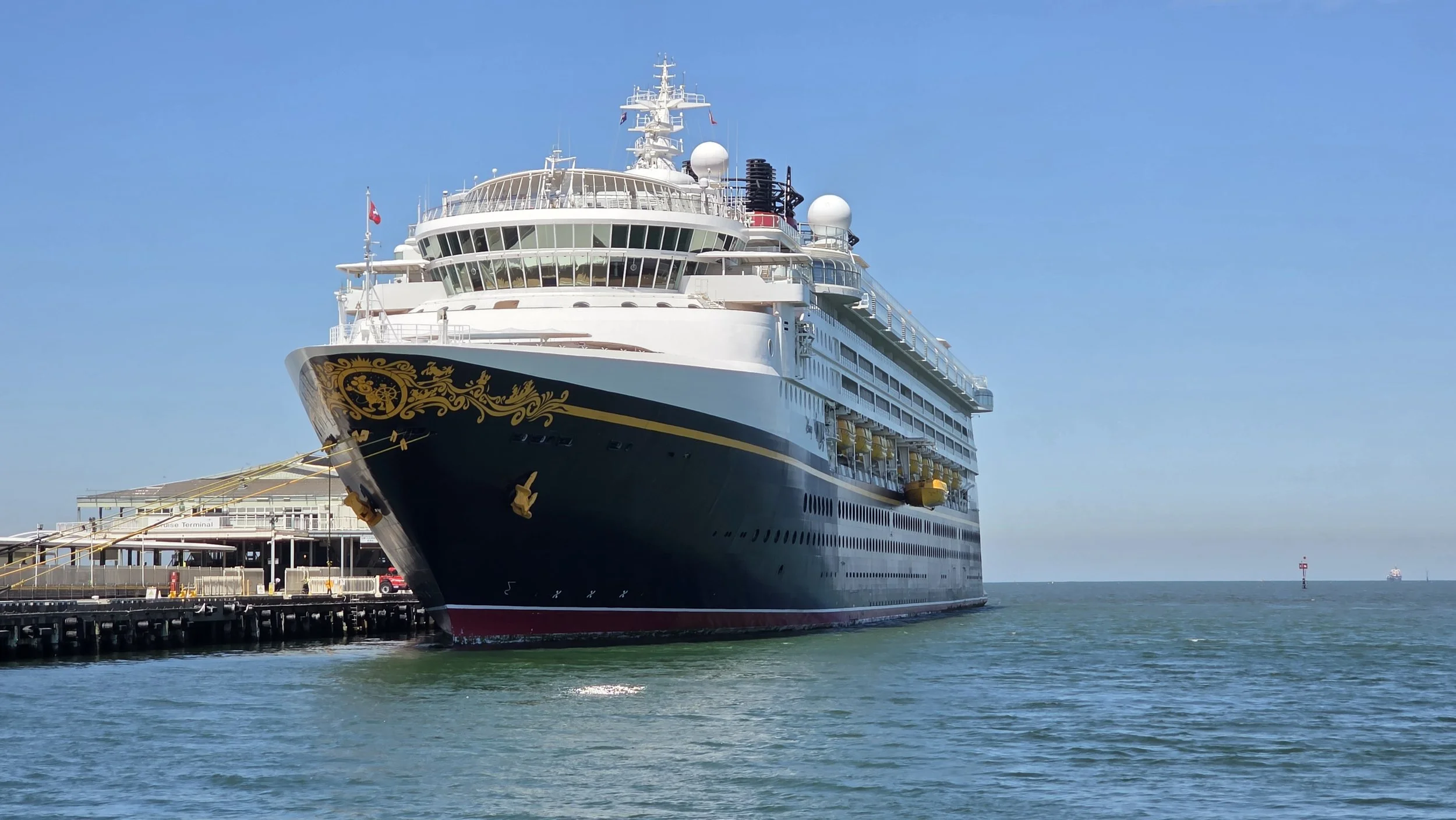 Large luxury cruise ship docked at a pier on a sunny day with clear blue sky and distant ships on the horizon.