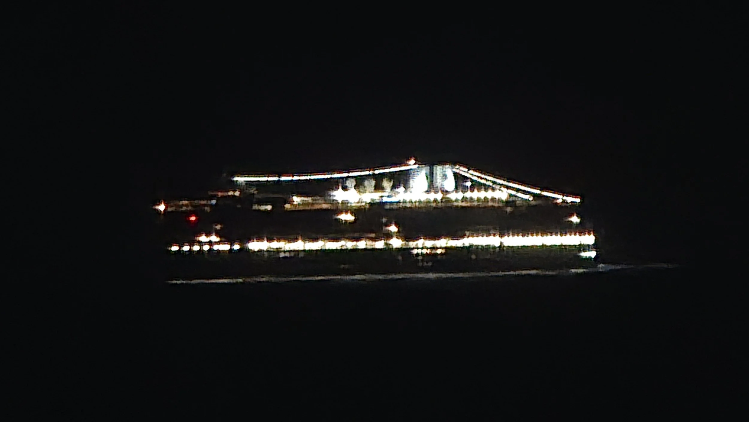 A cruise ship illuminated with bright white and colored lights sailing at night.