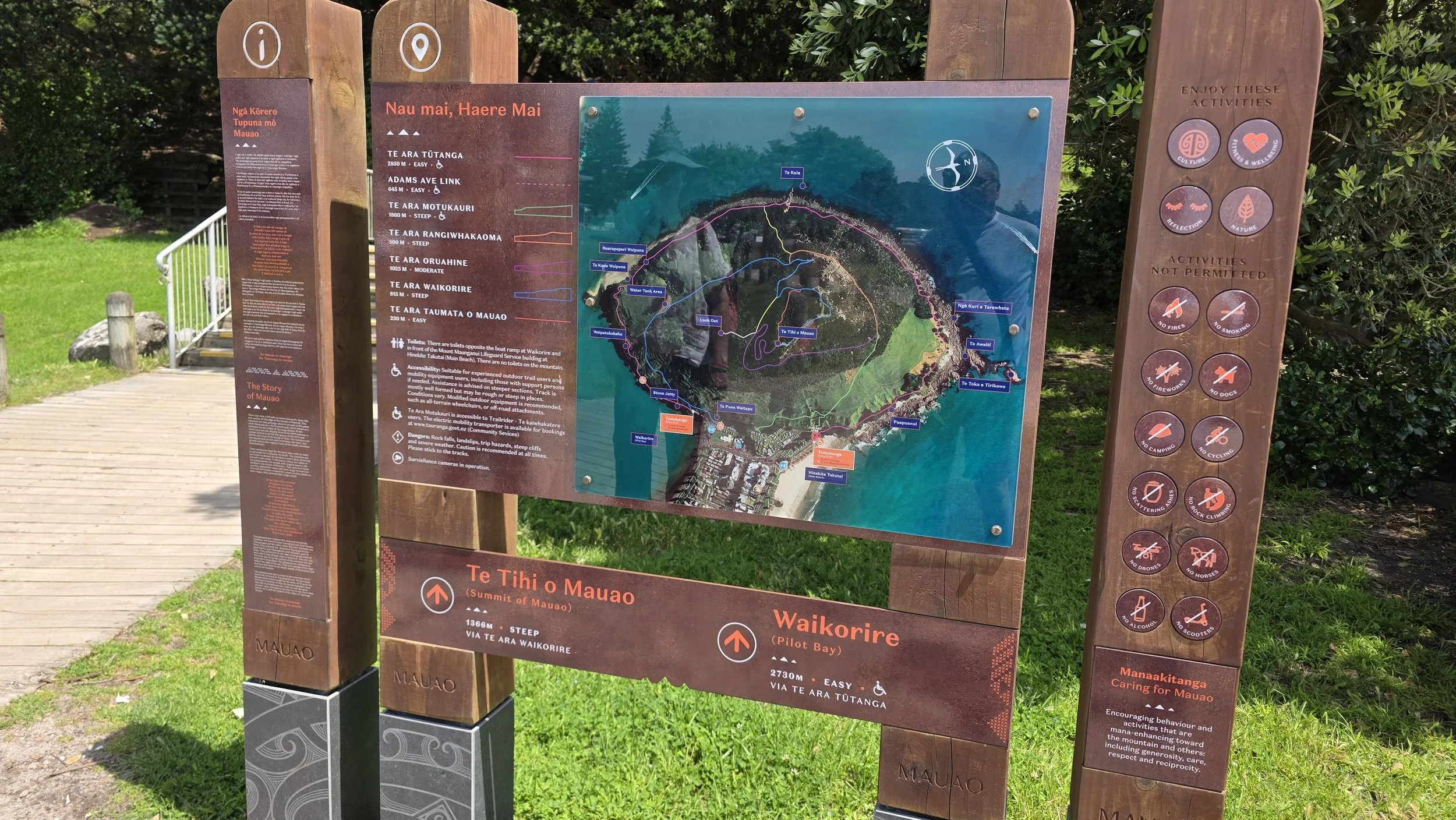 A large informational park map on wooden posts at Maui. The map shows hiking trail routes, landmarks like water tanks and the beach, and points of interest. To the right, there are activity icons indicating permitted activities such as cultural pursu
