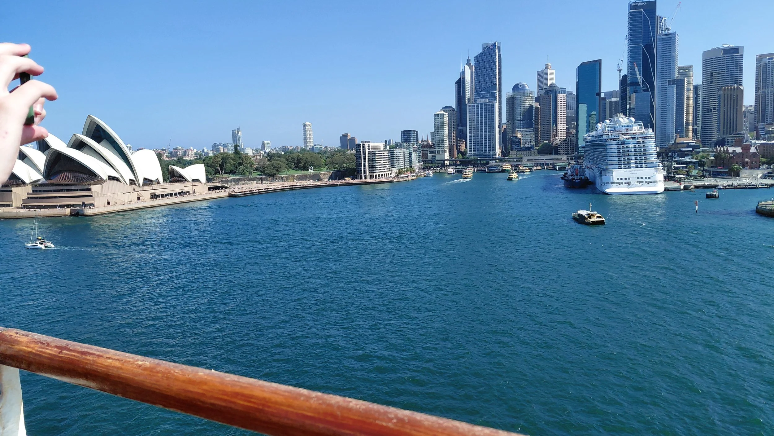 View of Sydney Harbour with the Sydney Opera House on the left and tall skyscrapers in the background, a cruise ship docked on the right, and boats on the water.