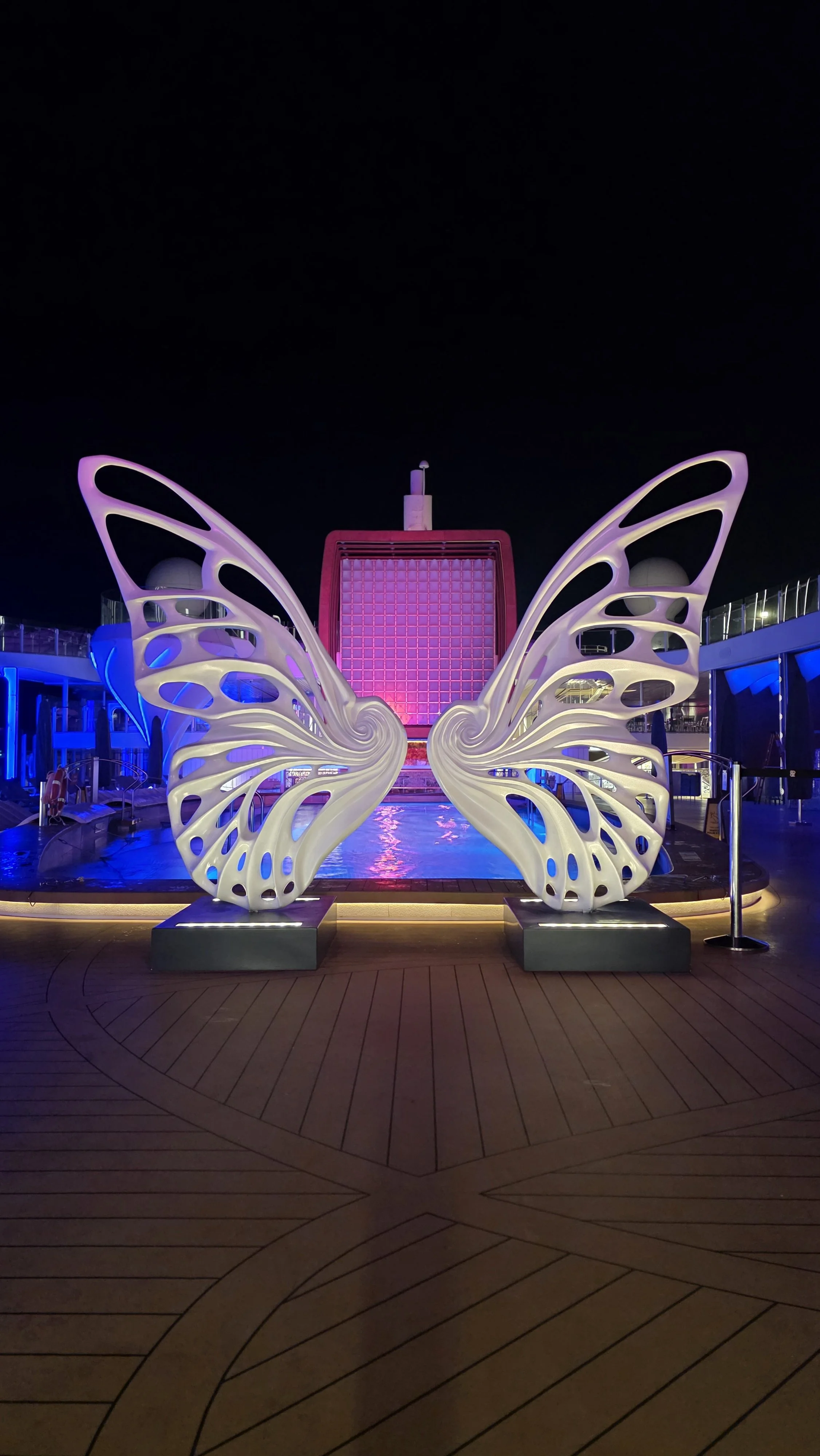 Illuminated butterfly sculpture at night on a cruise ship deck.