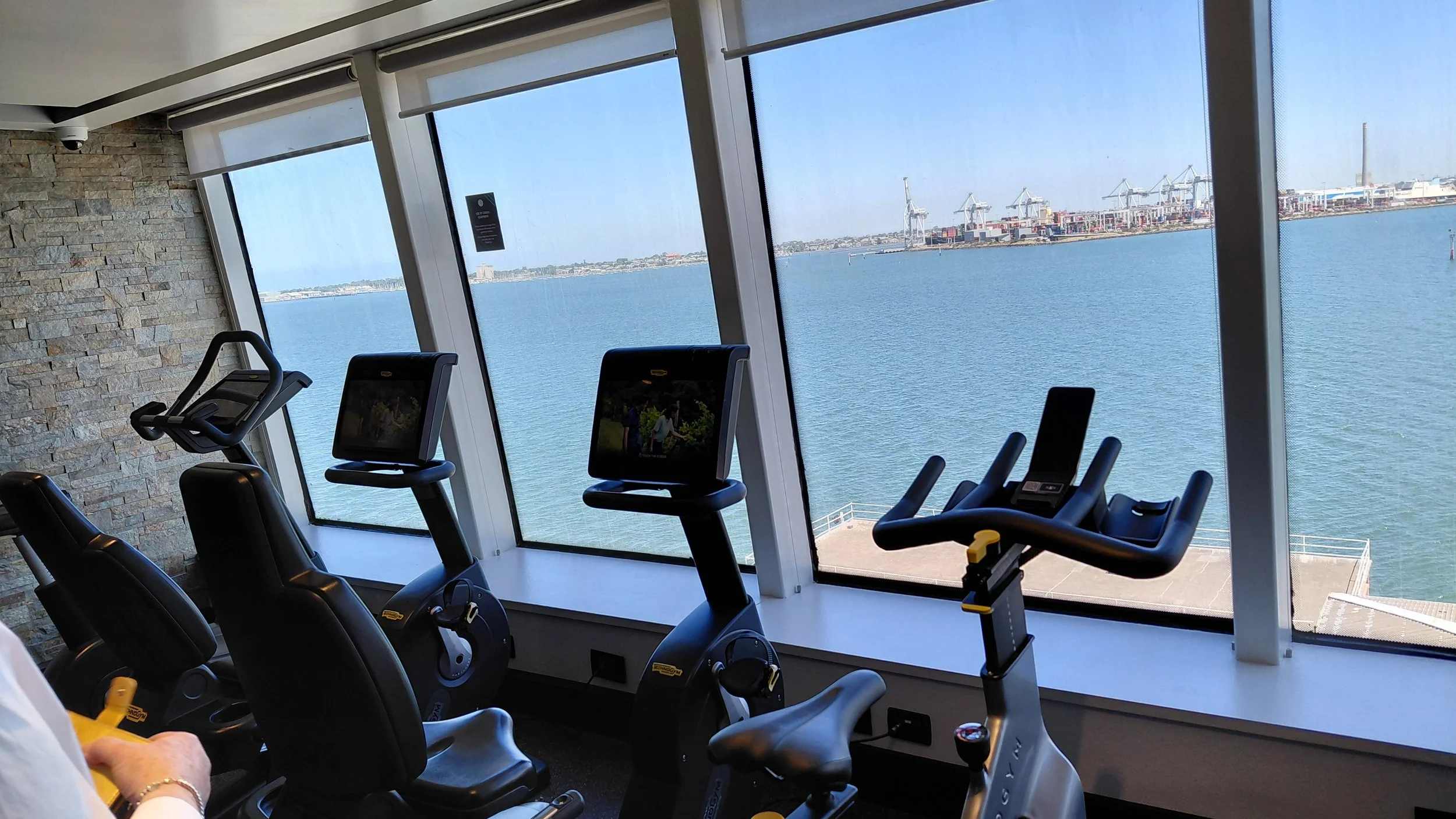 Indoor gym with elliptical and stationary bikes facing large windows overlooking a body of water and industrial port with cranes.